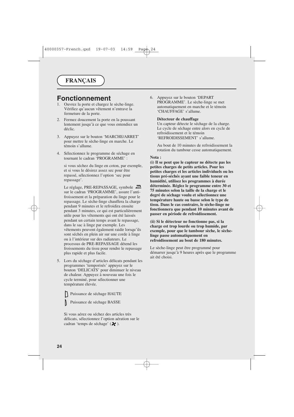 Fonctionnement, Français | Candy AB CDC268TEX User Manual | Page 24 / 68