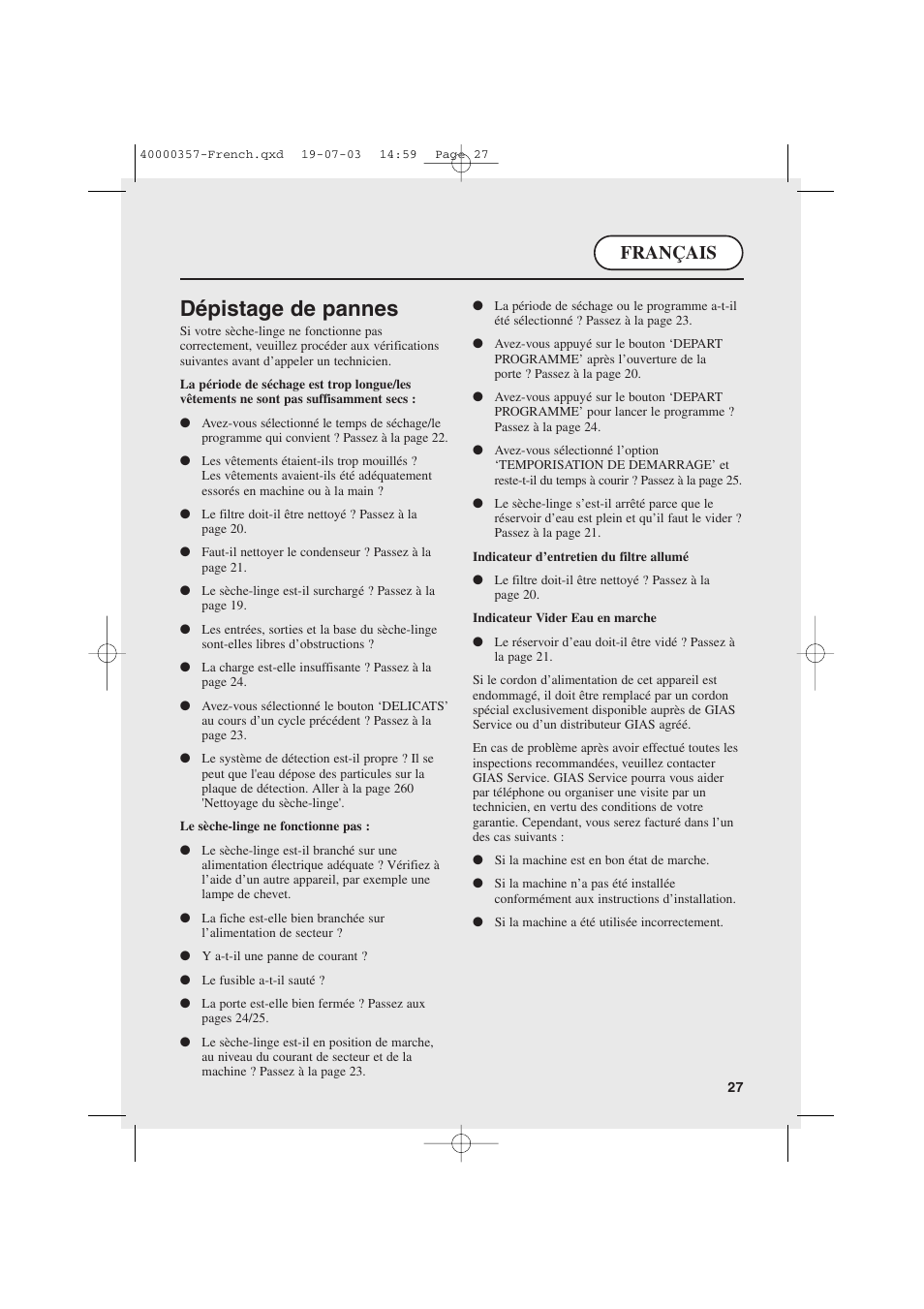 Dépistage de pannes, Français | Candy AB CDC268TEX User Manual | Page 27 / 68