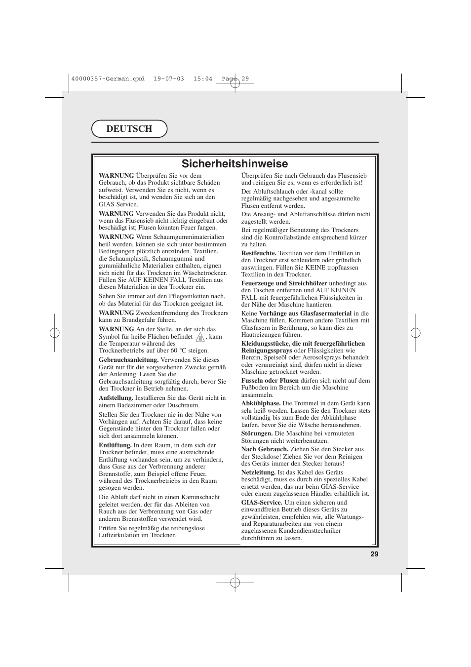 Sicherheitshinweise, Deutsch | Candy AB CDC268TEX User Manual | Page 29 / 68
