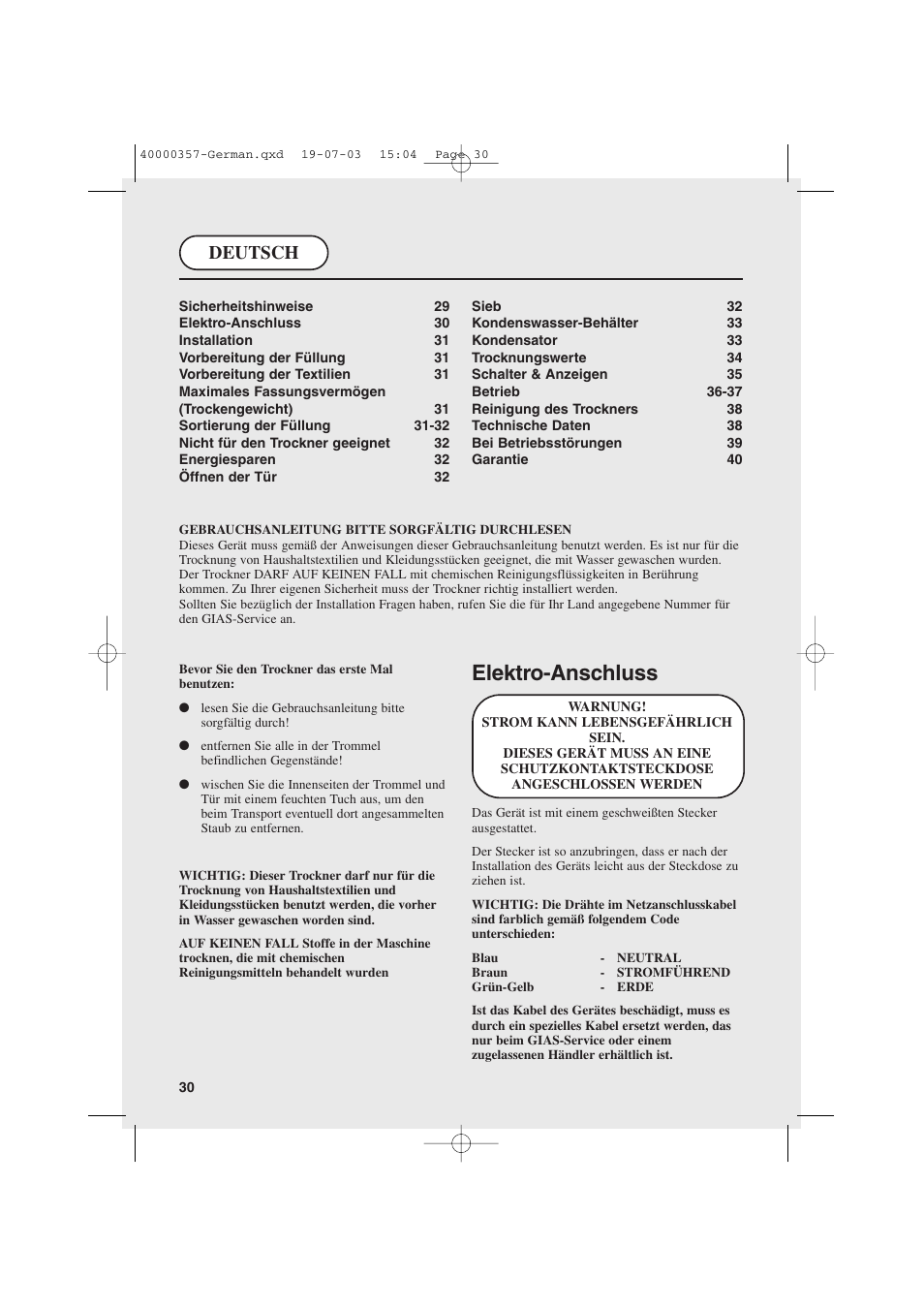 Elektro-anschluss, Deutsch | Candy AB CDC268TEX User Manual | Page 30 / 68