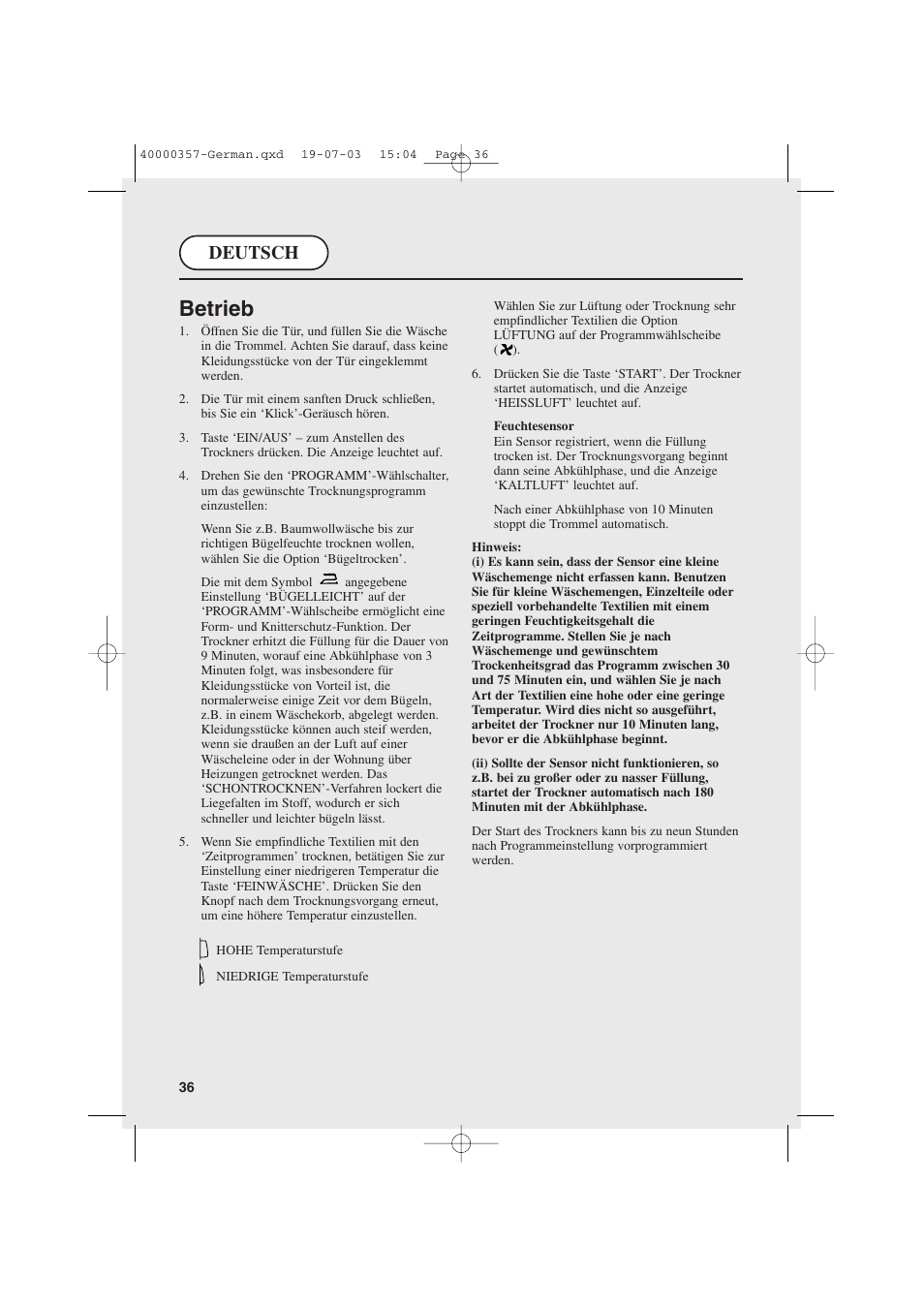 Betrieb, Deutsch | Candy AB CDC268TEX User Manual | Page 36 / 68