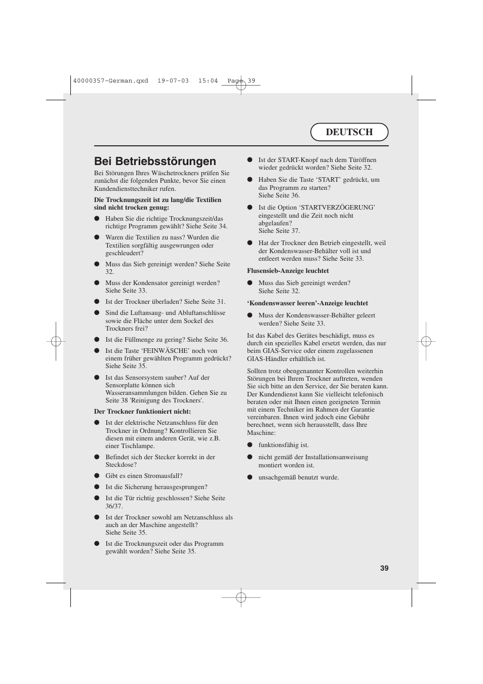 Bei betriebsstörungen, Deutsch | Candy AB CDC268TEX User Manual | Page 39 / 68