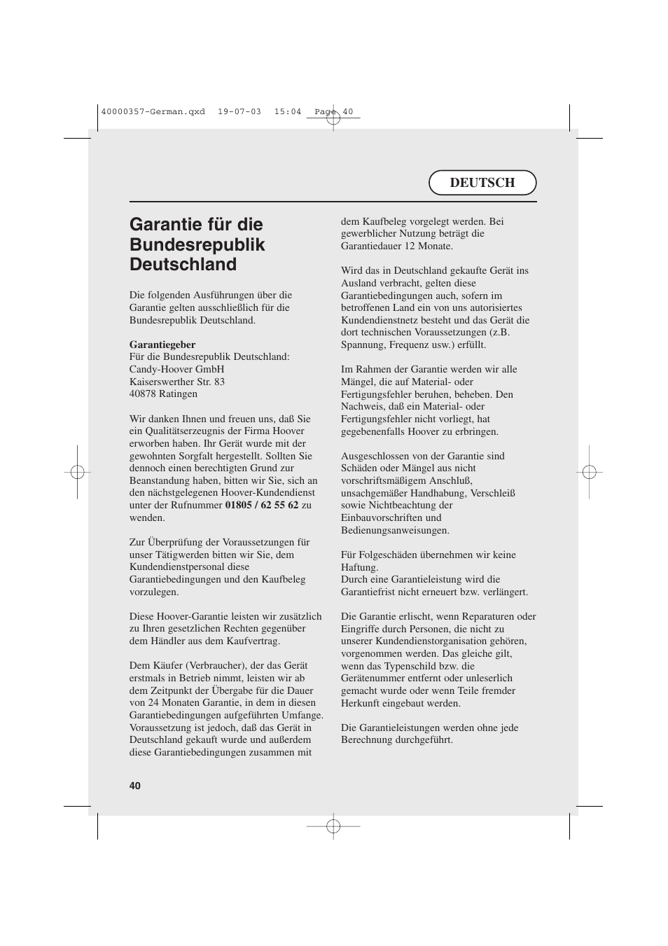 Garantie für die bundesrepublik deutschland | Candy AB CDC268TEX User Manual | Page 40 / 68