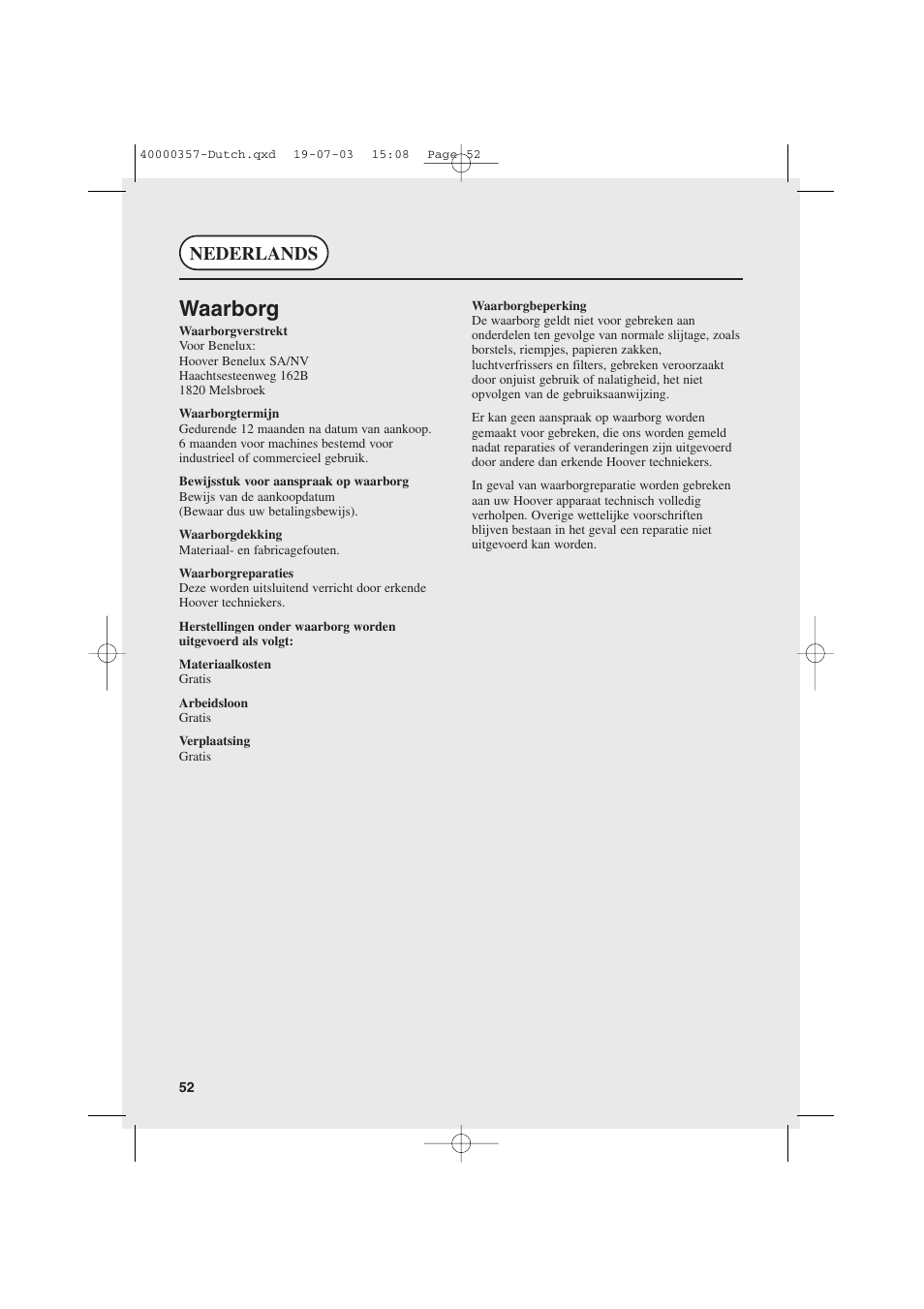 Waarborg, Nederlands | Candy AB CDC268TEX User Manual | Page 52 / 68