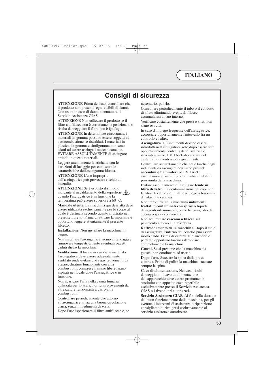 Consigli di sicurezza, Italiano | Candy AB CDC268TEX User Manual | Page 53 / 68