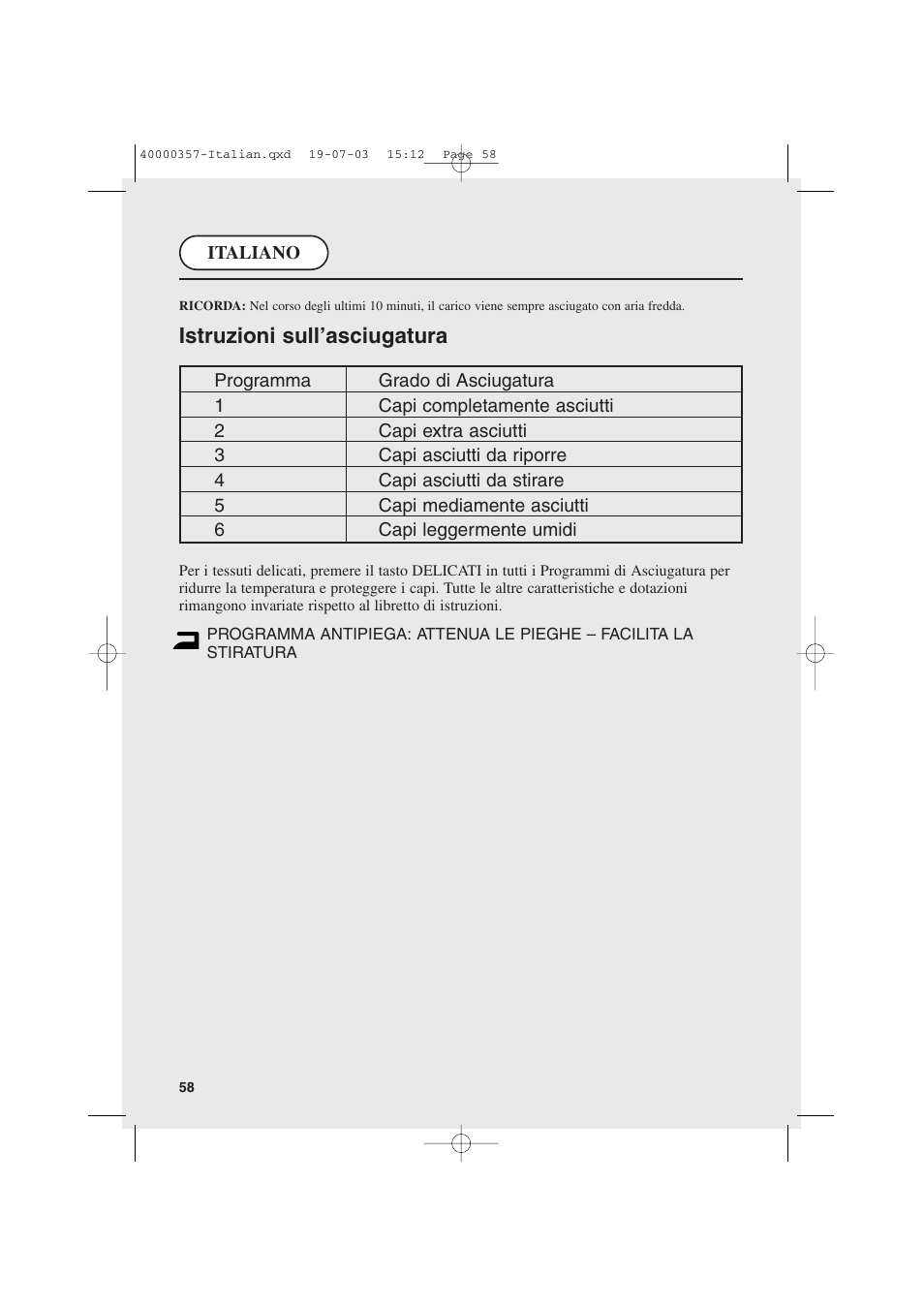 Istruzioni sull’asciugatura | Candy AB CDC268TEX User Manual | Page 58 / 68