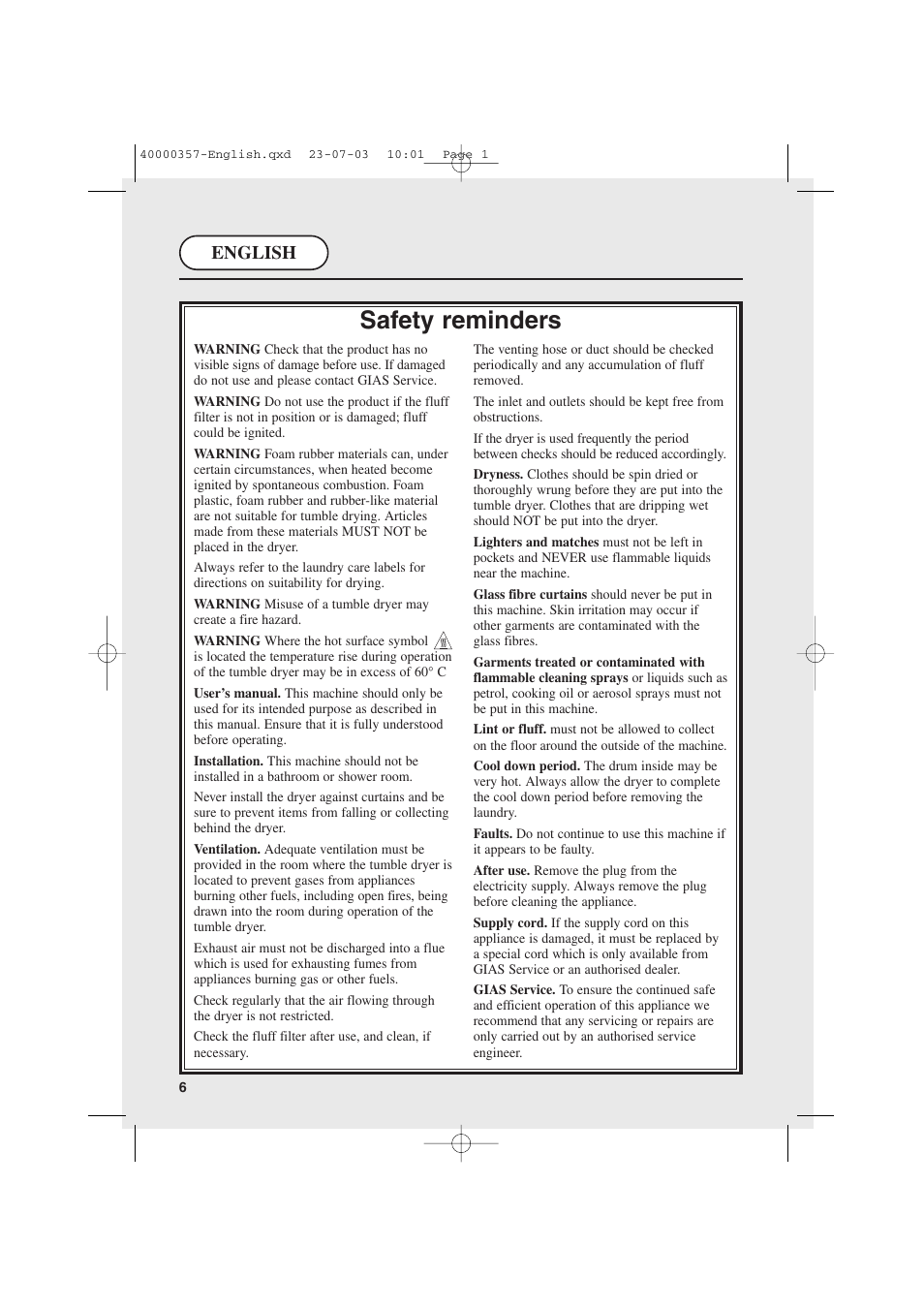 Safety reminders, English | Candy AB CDC268TEX User Manual | Page 6 / 68