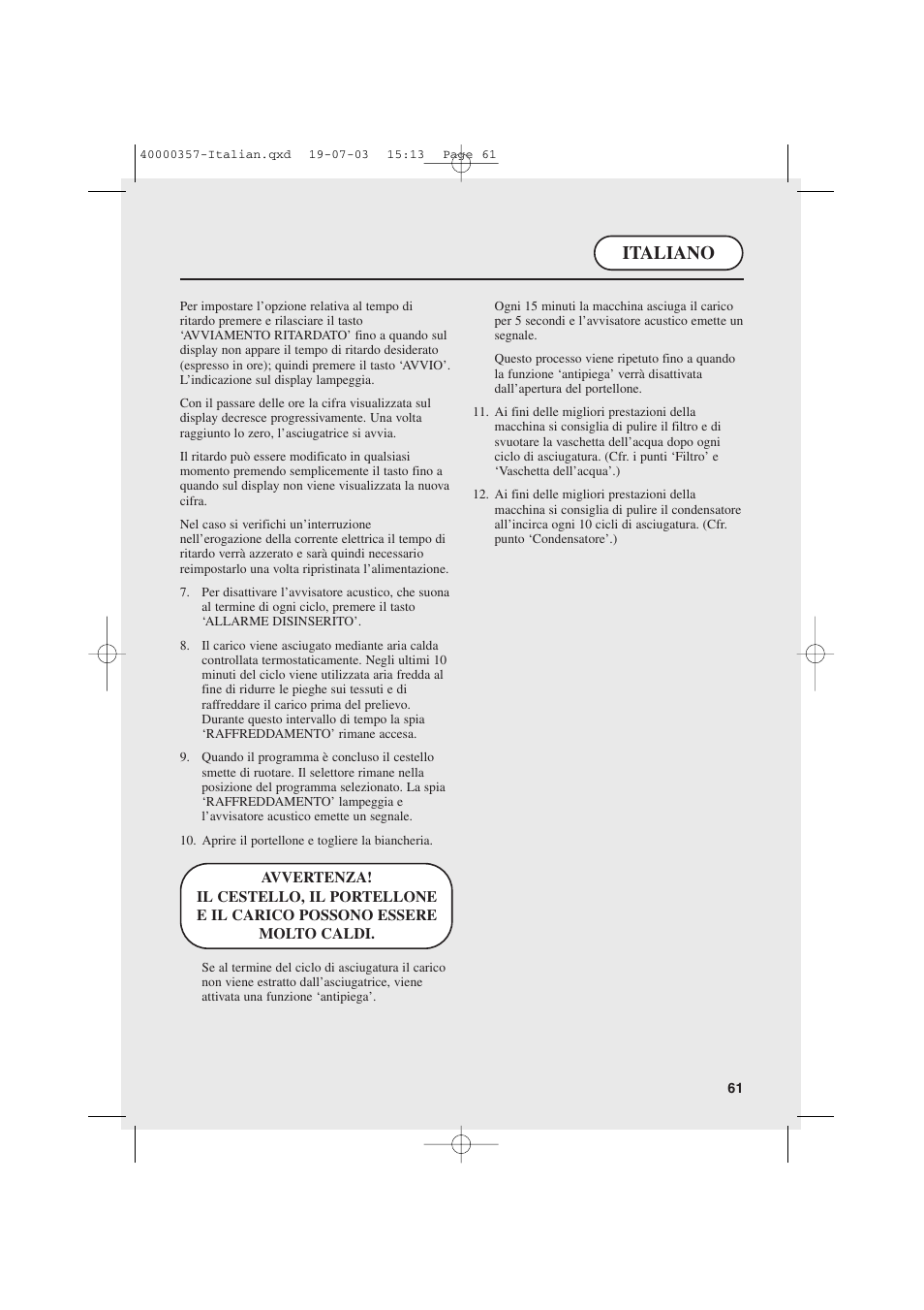 Italiano | Candy AB CDC268TEX User Manual | Page 61 / 68