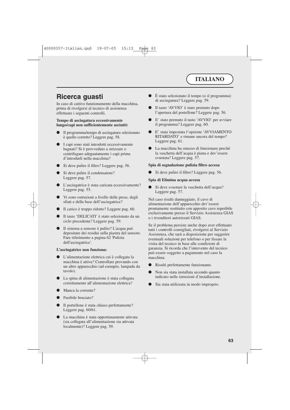 Ricerca guasti, Italiano | Candy AB CDC268TEX User Manual | Page 63 / 68