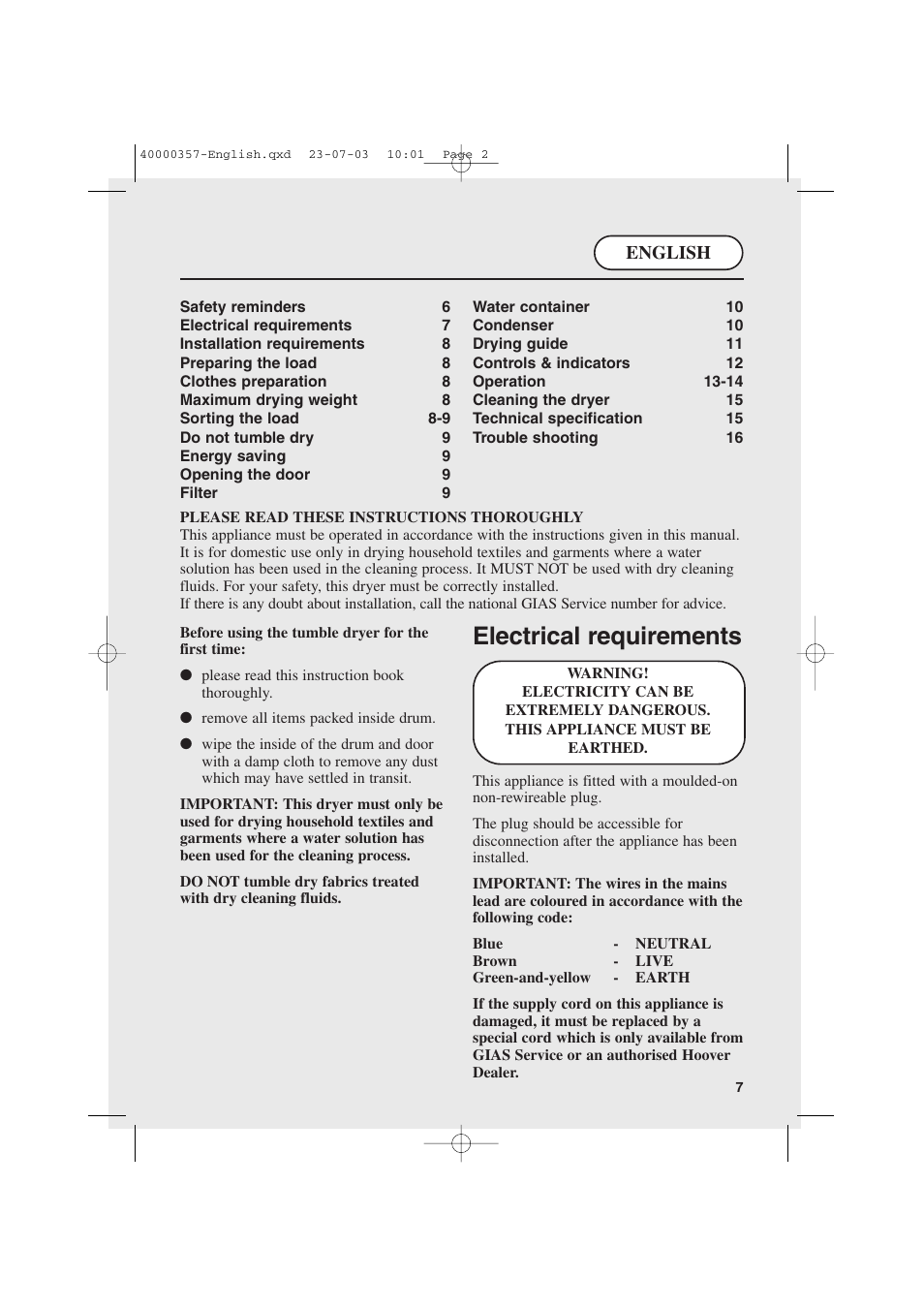 Electrical requirements | Candy AB CDC268TEX User Manual | Page 7 / 68