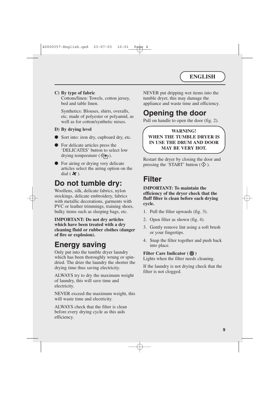 Do not tumble dry, Energy saving, Opening the door | Filter | Candy AB CDC268TEX User Manual | Page 9 / 68