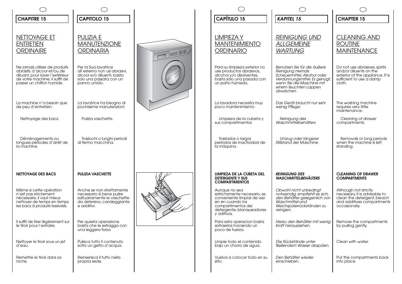 Nettoyage et entretien ordinaire, Reinigung und allgemeine wartung, Cleaning and routine maintenance | Pulizia e manutenzione ordinaria, Limpieza y mantenimiento ordinario | Candy CIW 100 T User Manual | Page 36 / 41