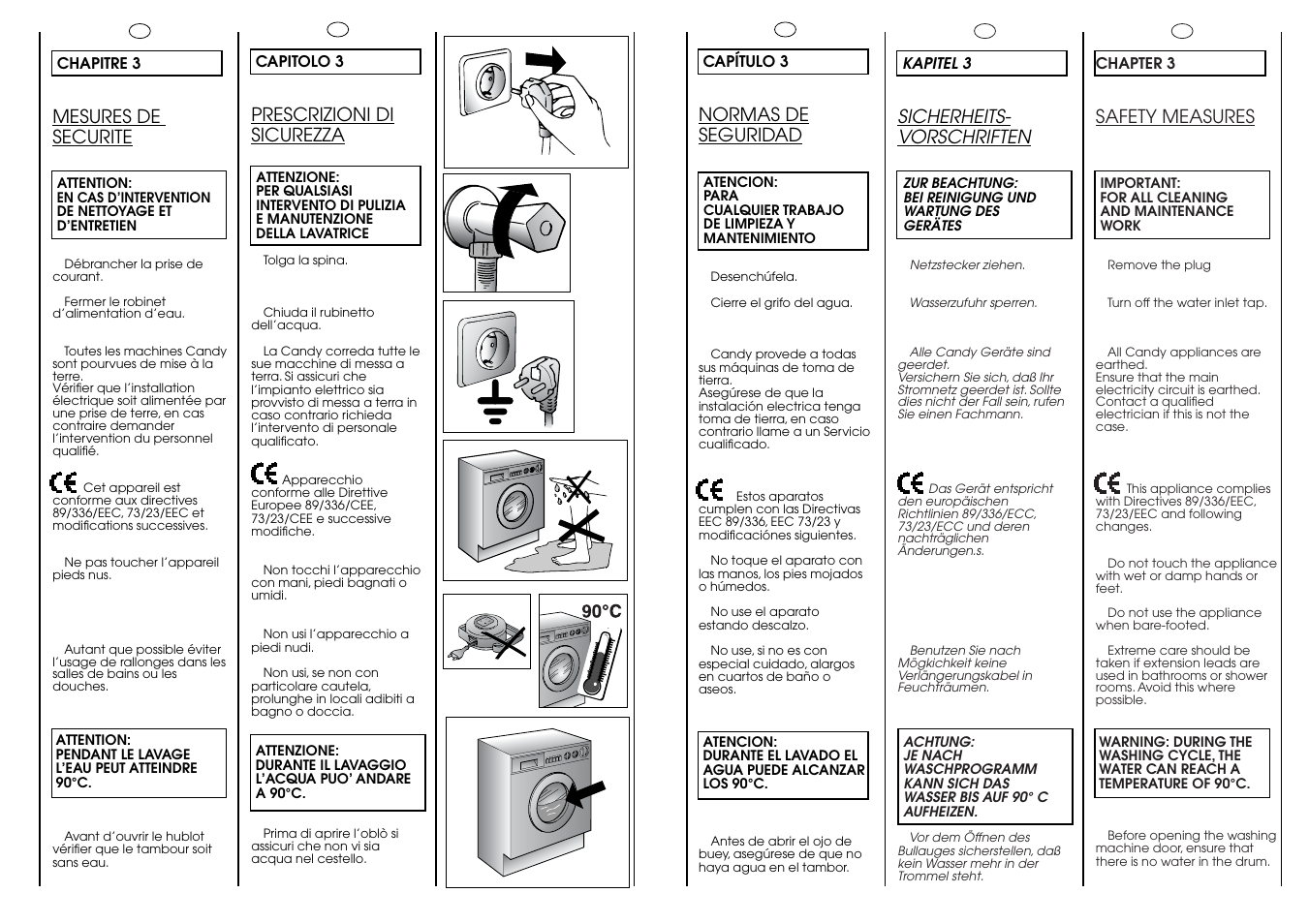 Mesures de securite, Sicherheits- vorschriften, Safety measures | Prescrizioni di sicurezza, Normas de seguridad | Candy CIW 100 T User Manual | Page 6 / 41