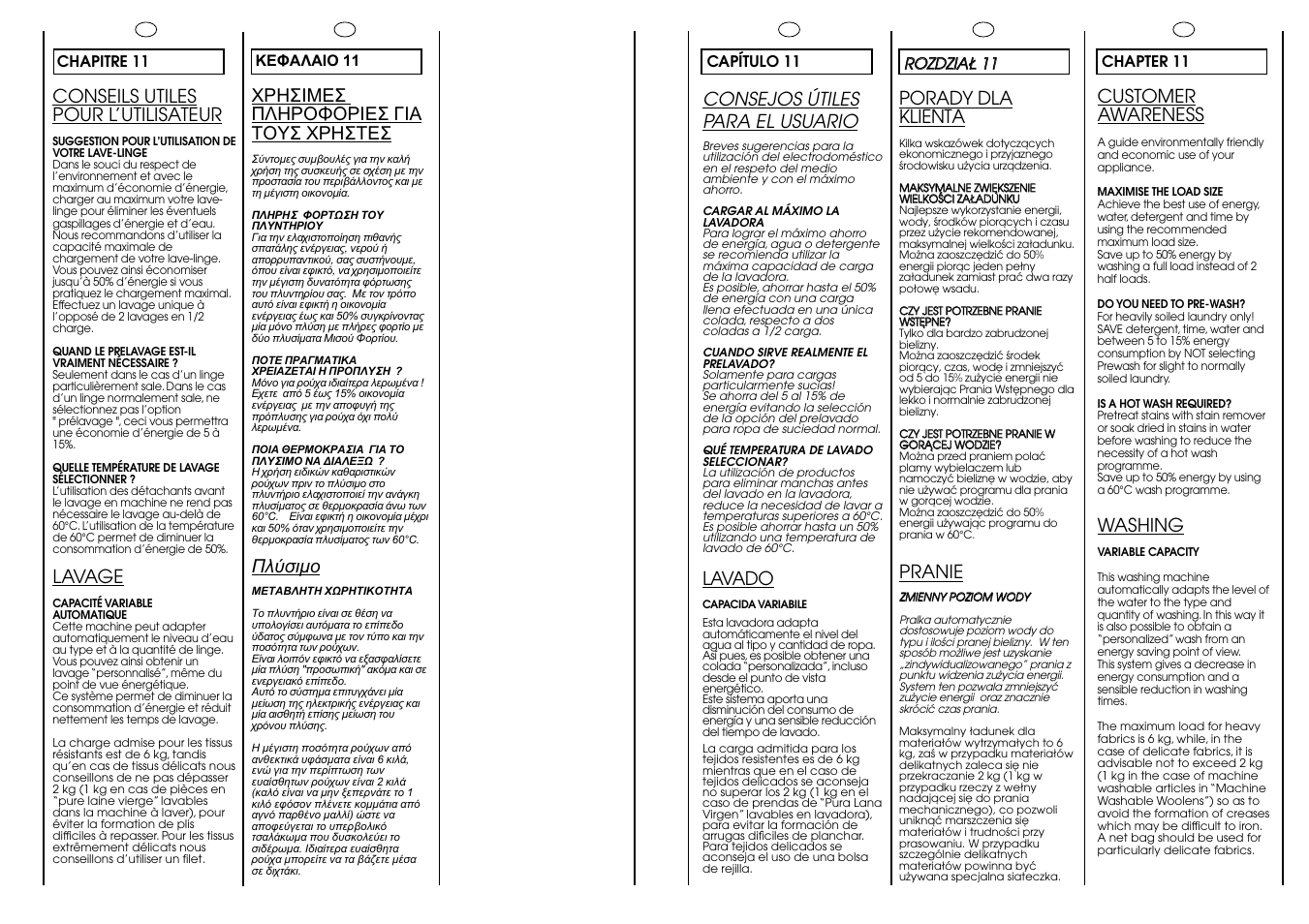 Customer awareness, Washing, Porady dla klienta | Pranie, Conseils utiles pour l’utilisateur, Lavage, Consejos útiles para el usuario, Lavado | Candy CBL 100.6 SY User Manual | Page 28 / 37