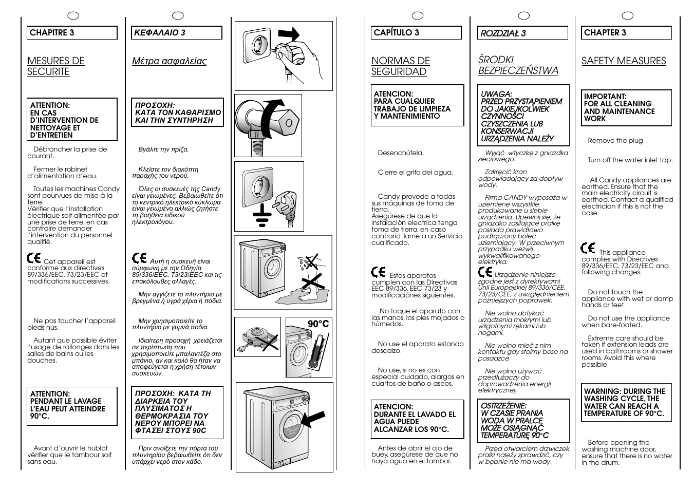 Safety measures, Érodki bezpieczeñstwa, Mesures de securite | Normas de seguridad | Candy CBL 100.6 SY User Manual | Page 6 / 37
