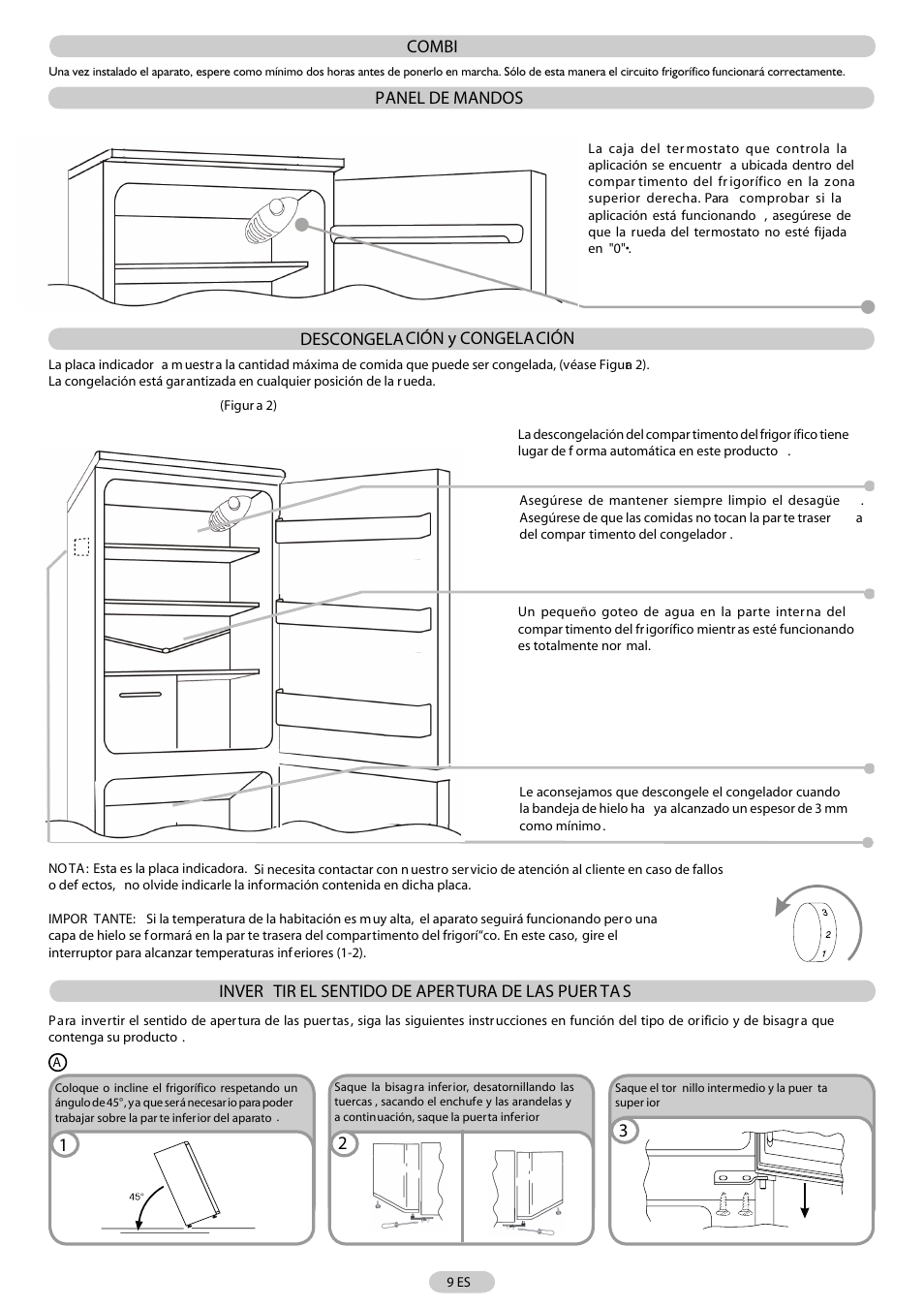 Combi panel de mandos, Descongelación y congelación, Inver tir el sentido de aper tura de las puer ta s | Candy CFM 2355 User Manual | Page 10 / 30