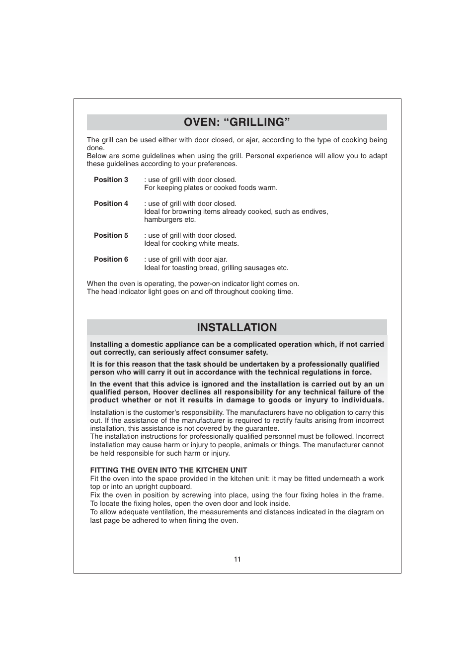 Oven: “grilling, Installation | Candy FO FDP 299 X User Manual | Page 12 / 20