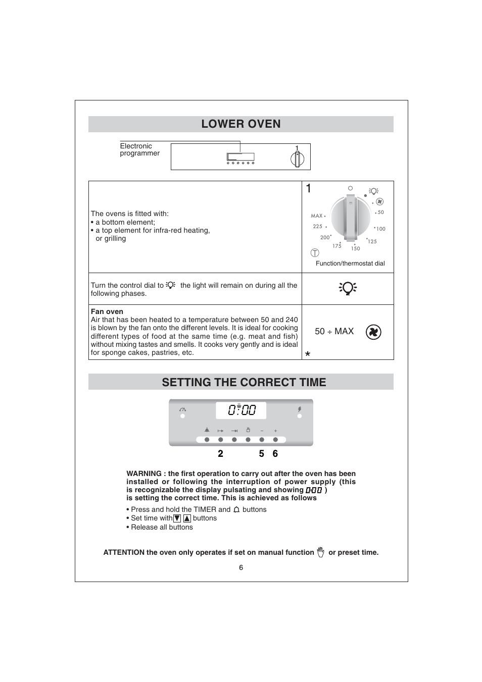 Lower oven, Setting the correct time, 50 ÷ max | Candy FO FDP 299 X User Manual | Page 7 / 20