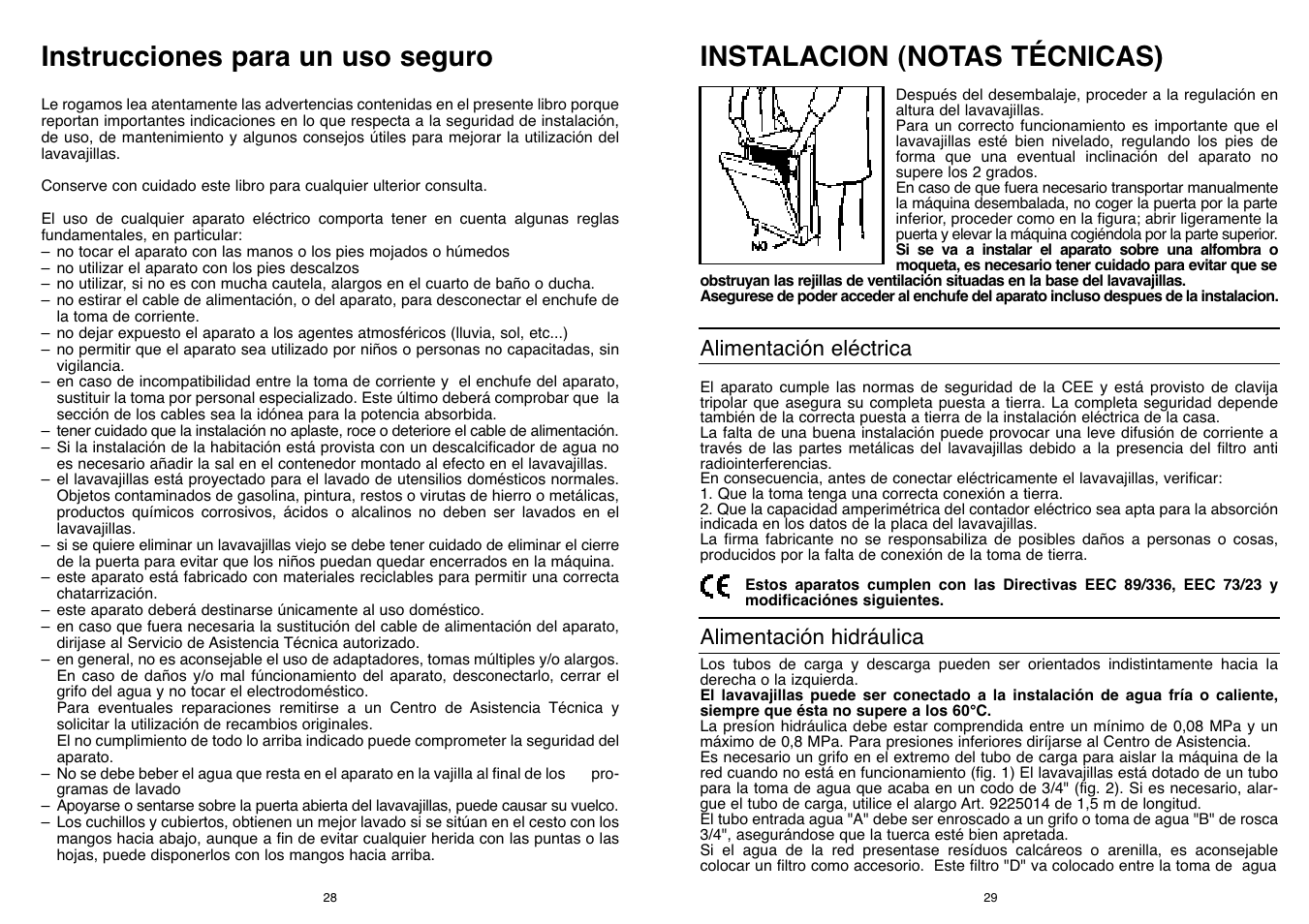 Instalacion (notas técnicas), Instrucciones para un uso seguro | Candy CD 500 User Manual | Page 15 / 65