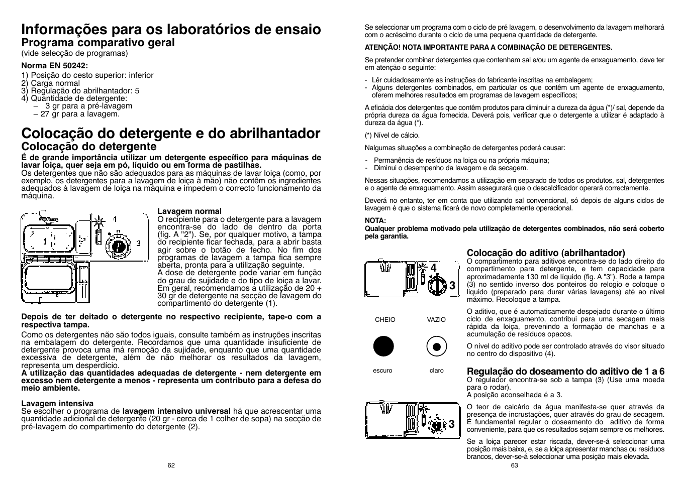 Informações para os laboratórios de ensaio, Colocação do detergente e do abrilhantador, Programa comparativo geral | Colocação do detergente | Candy CD 500 User Manual | Page 32 / 65