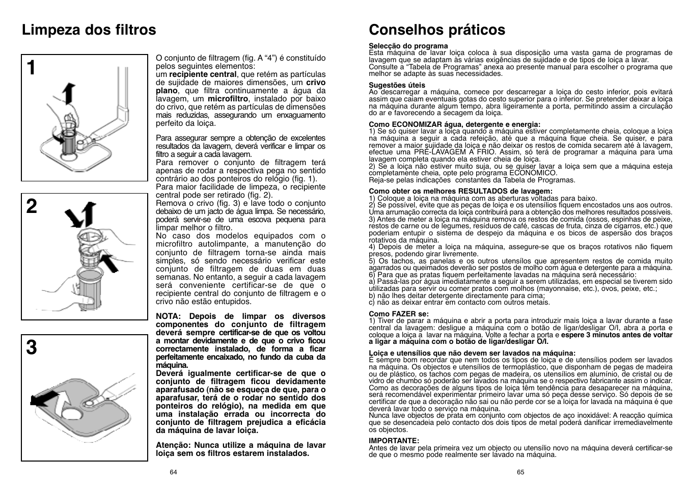 Conselhos práticos, Limpeza dos filtros | Candy CD 500 User Manual | Page 33 / 65