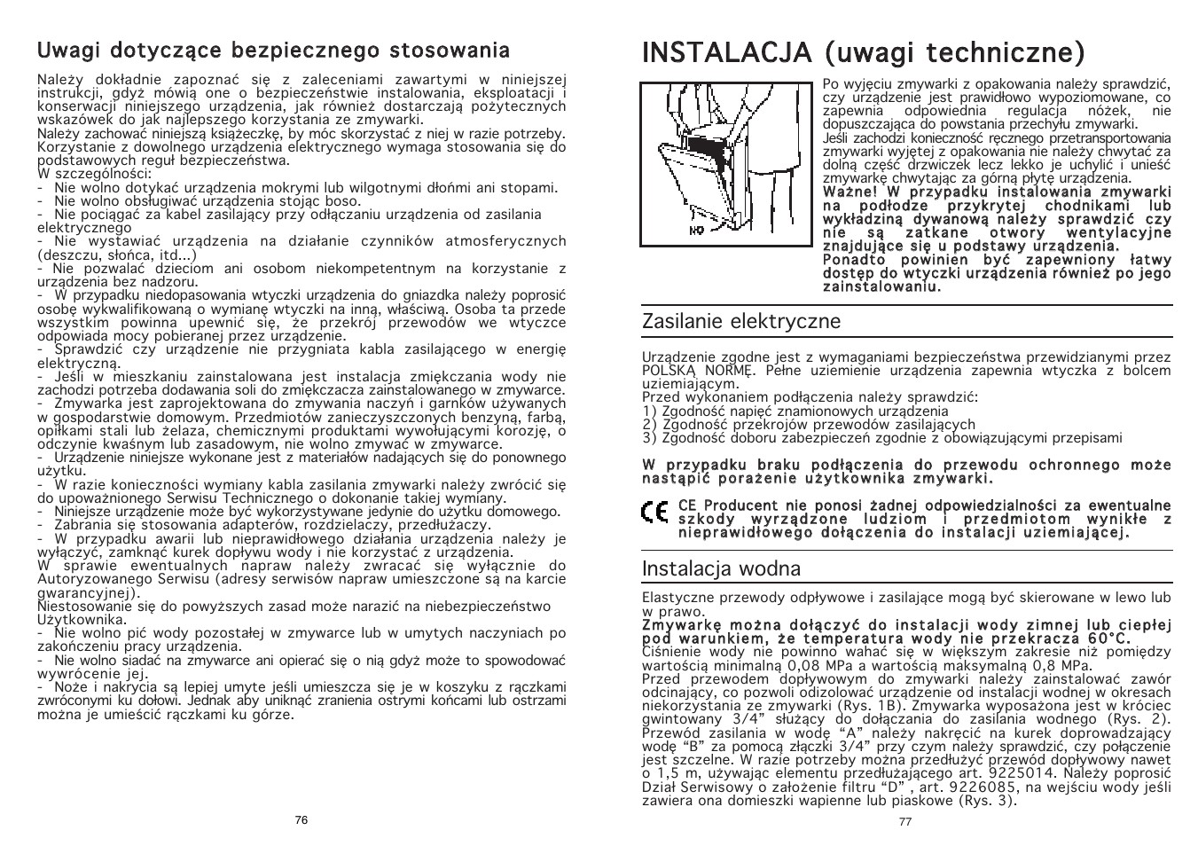 Zasilanie elektryczne, Instalacja wodna | Candy CD 500 User Manual | Page 39 / 65