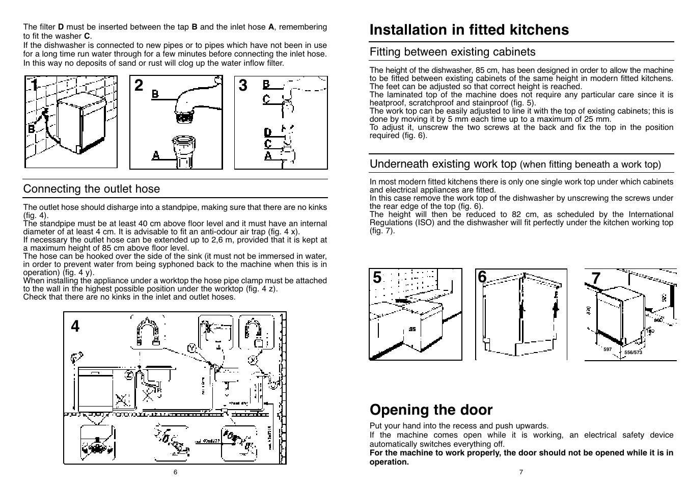 Installation in fitted kitchens, Opening the door | Candy CD 500 User Manual | Page 4 / 65
