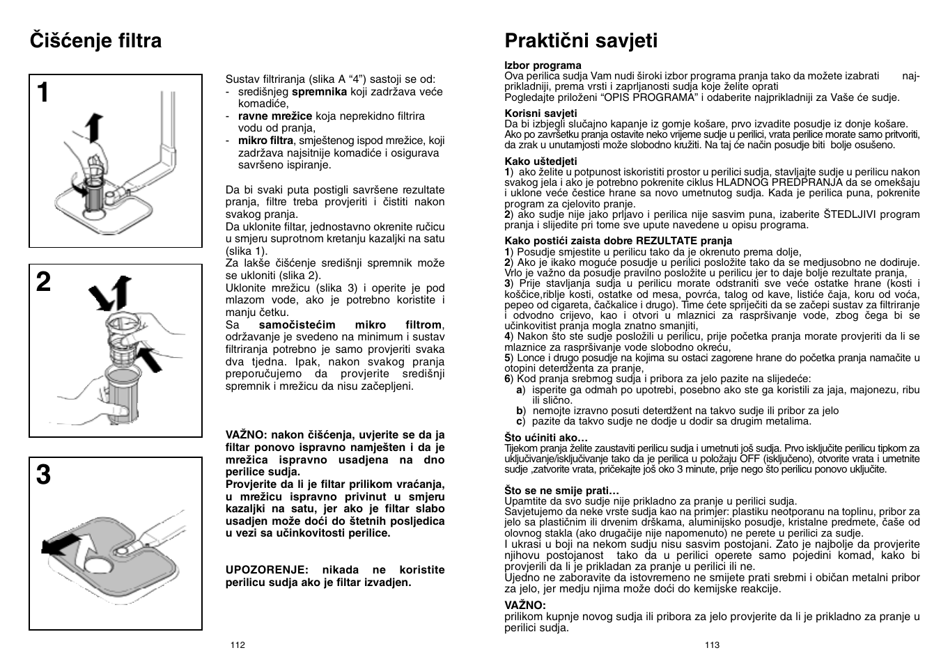 Âi‰çenje filtra, Praktiãni savjeti | Candy CD 500 User Manual | Page 57 / 65