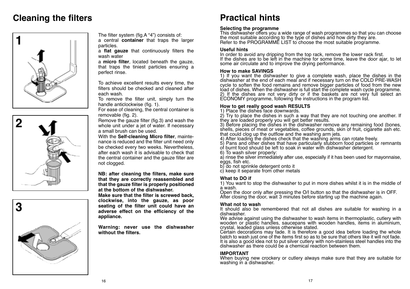 Practical hints, Cleaning the filters | Candy CD 500 User Manual | Page 9 / 65