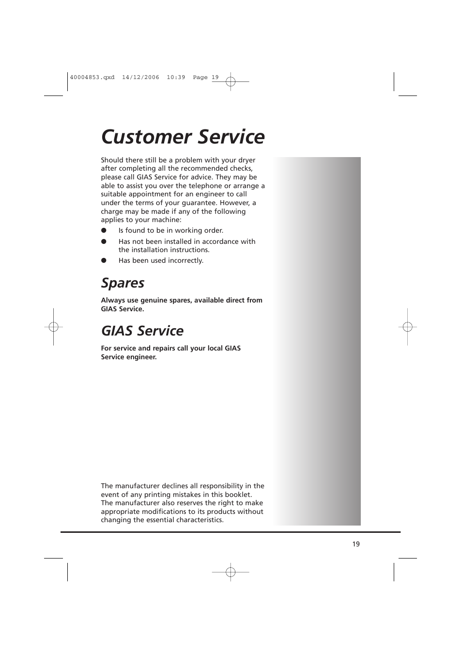 Customer service, Spares, Gias service | Candy GO DC 78-88 User Manual | Page 19 / 74