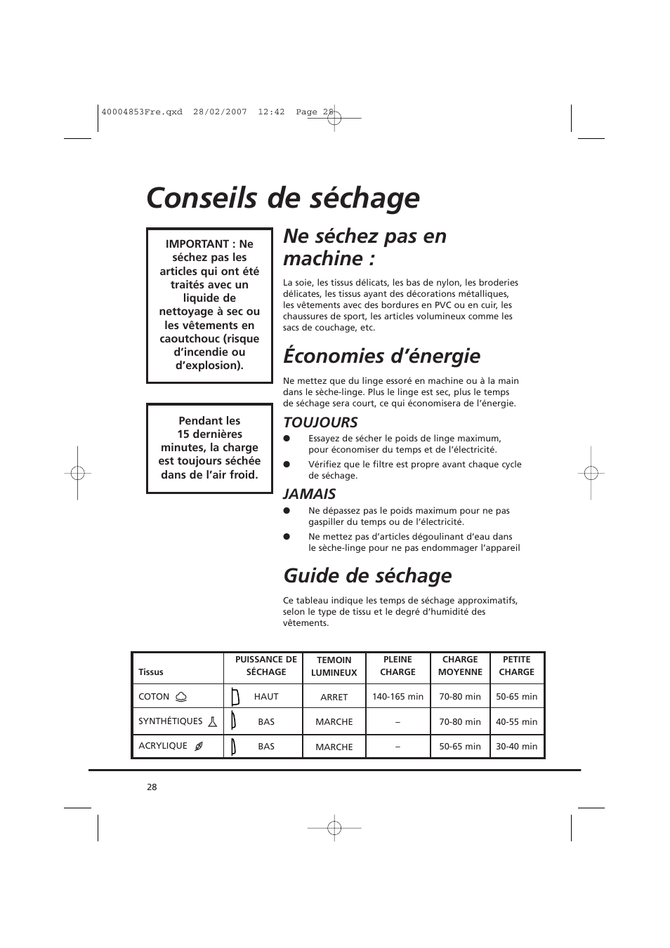 Conseils de séchage, Ne séchez pas en machine, Économies d’énergie | Guide de séchage, Toujours, Jamais | Candy GO DC 78-88 User Manual | Page 28 / 74