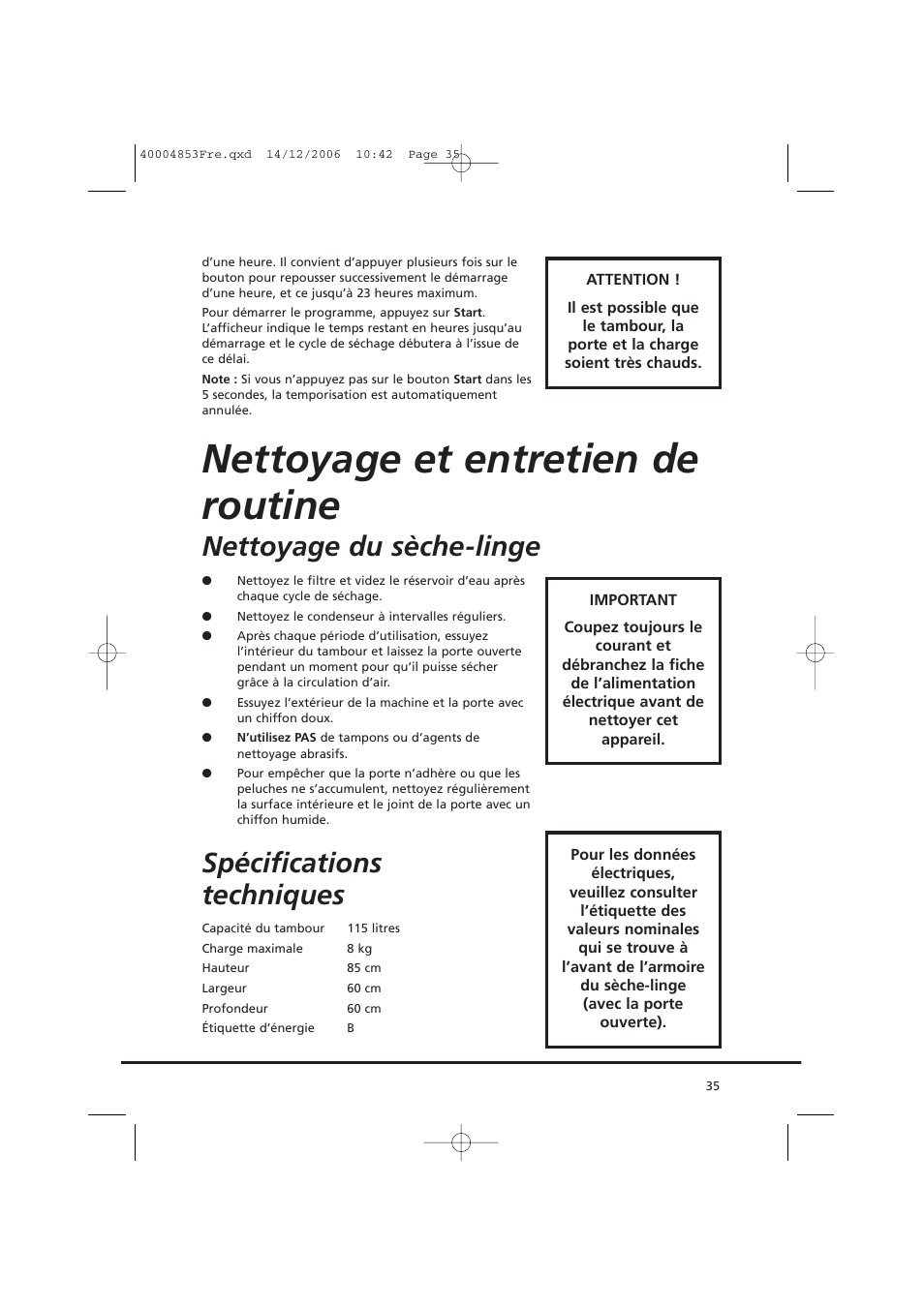 Nettoyage et entretien de routine, Nettoyage du sèche-linge, Spécifications techniques | Candy GO DC 78-88 User Manual | Page 35 / 74