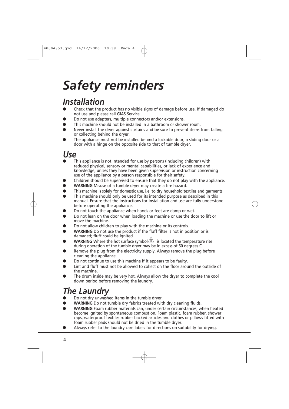 Safety reminders, Installation, The laundry | Candy GO DC 78-88 User Manual | Page 4 / 74