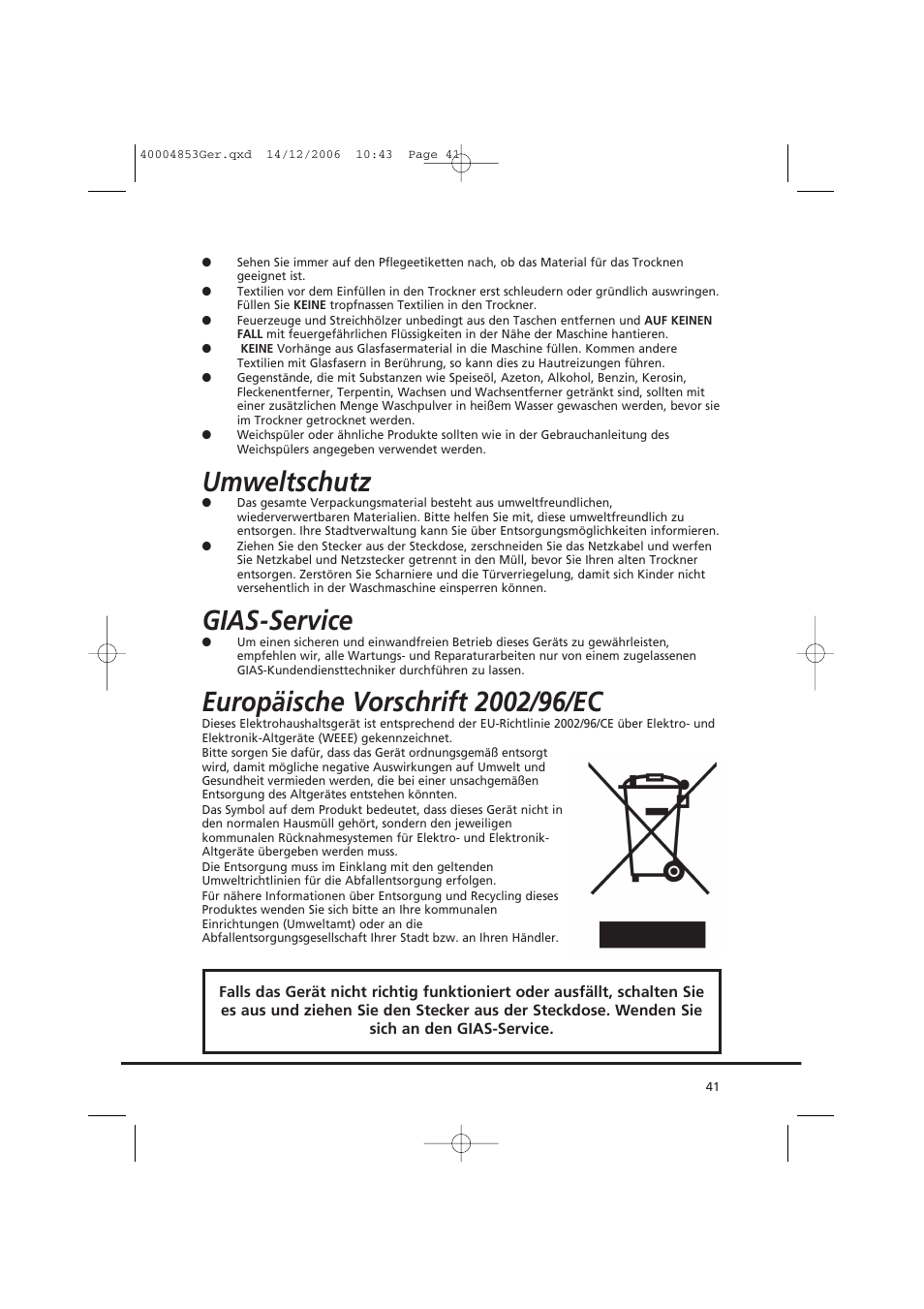 Umweltschutz, Gias-service | Candy GO DC 78-88 User Manual | Page 41 / 74