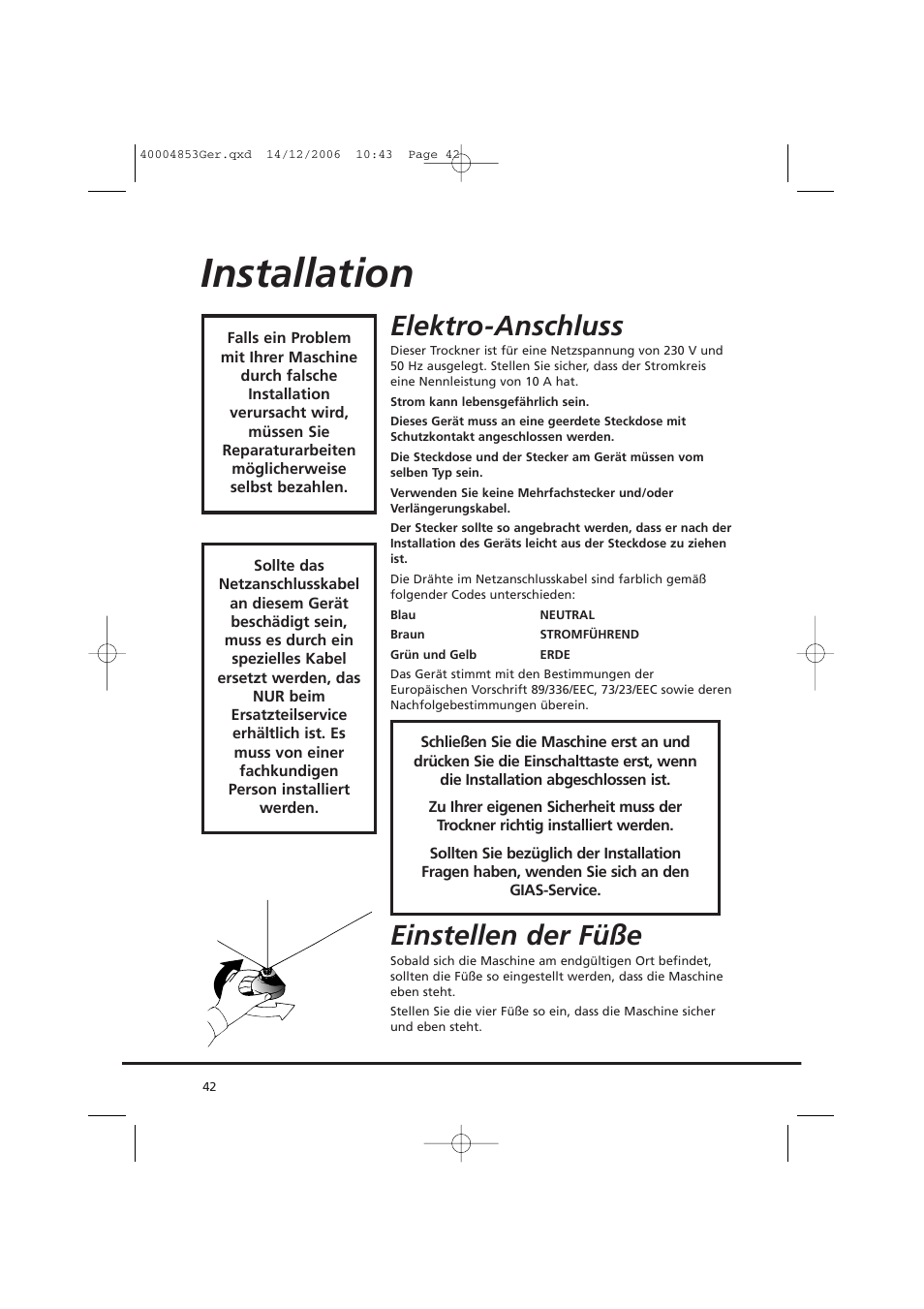 Installation, Elektro-anschluss, Einstellen der füße | Candy GO DC 78-88 User Manual | Page 42 / 74