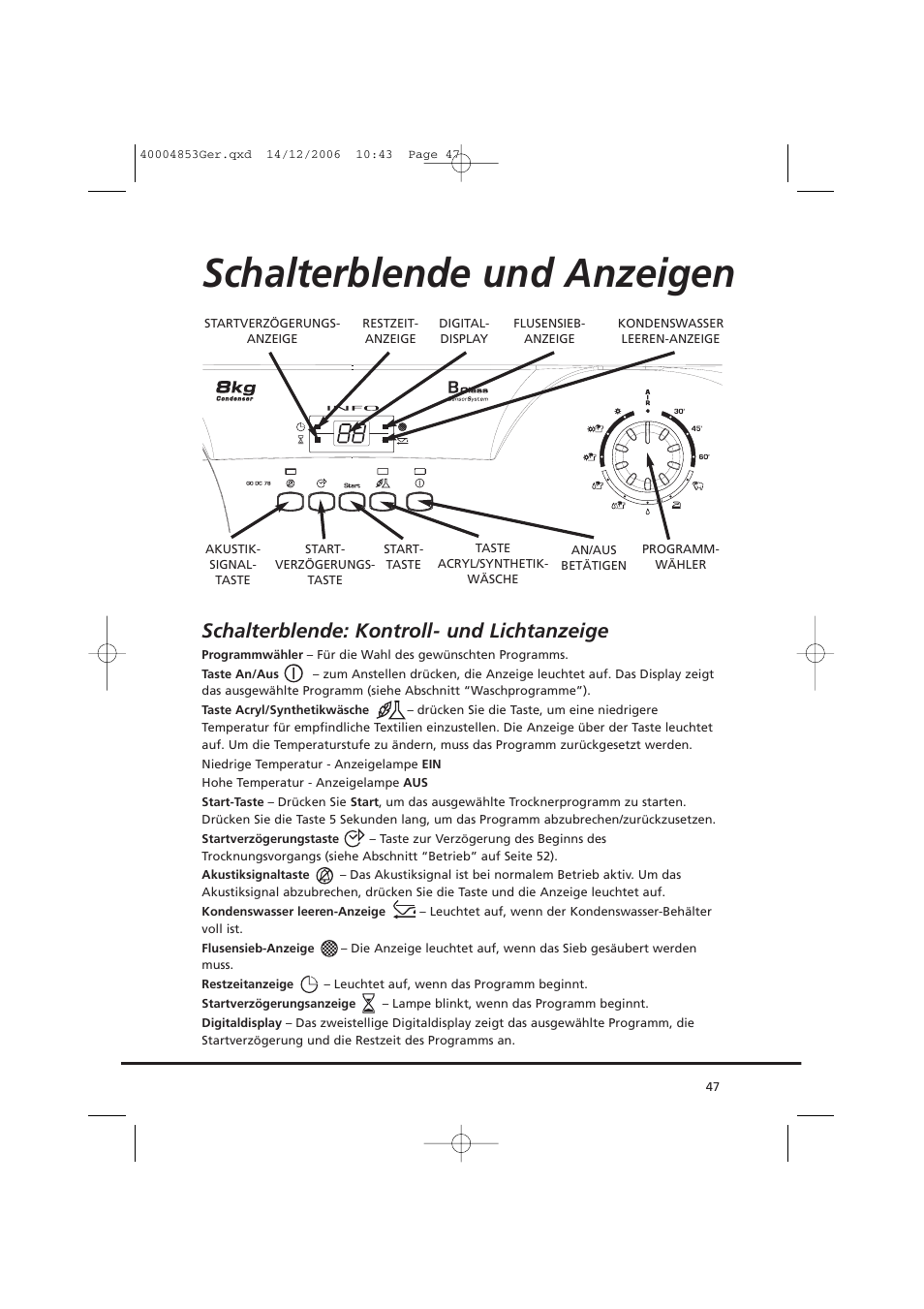 Schalterblende und anzeigen, Schalterblende: kontroll- und lichtanzeige | Candy GO DC 78-88 User Manual | Page 47 / 74