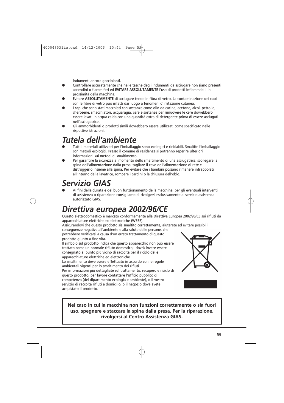 Tutela dell’ambiente, Servizio gias | Candy GO DC 78-88 User Manual | Page 59 / 74