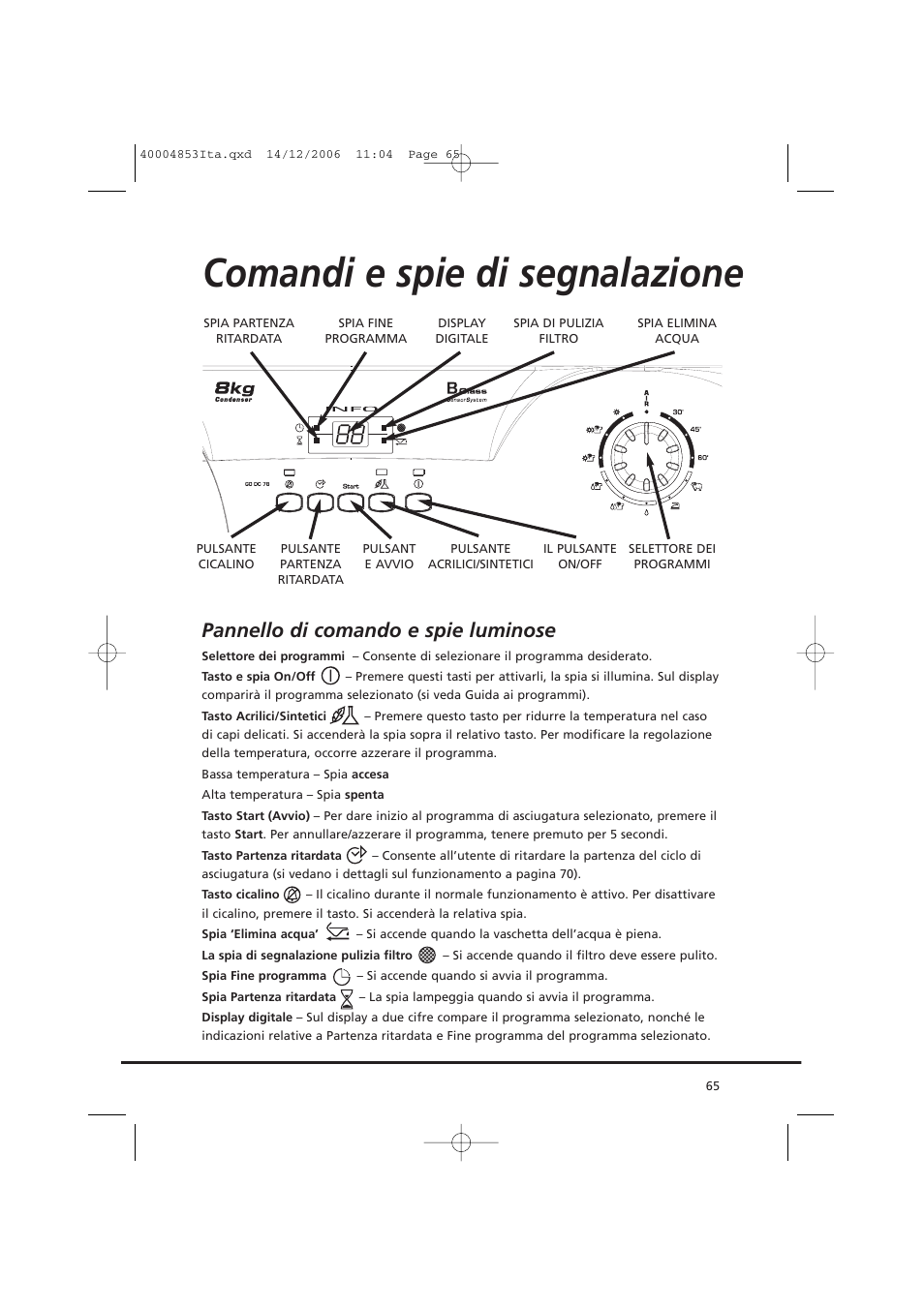 Comandi e spie di segnalazione, Pannello di comando e spie luminose | Candy GO DC 78-88 User Manual | Page 65 / 74