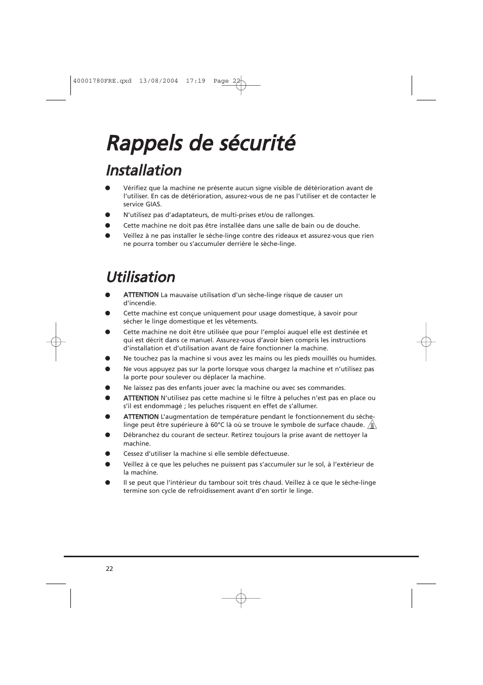 Rra ap pp pe ellss d de e ssé éccu urriitté é, Uuttiilliissa attiio on n | Candy AB CDC 668 - SY User Manual | Page 22 / 112