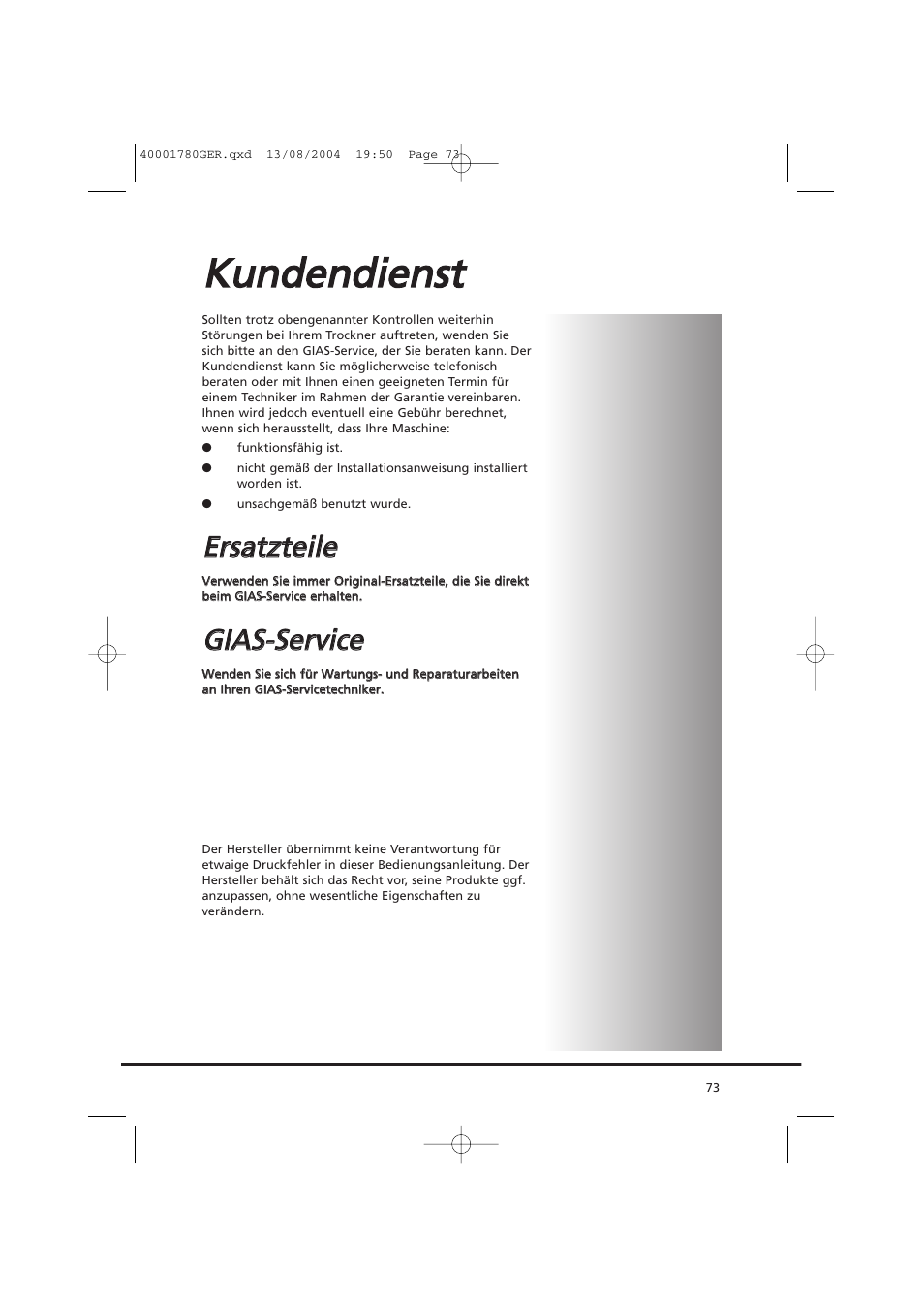 Kku un nd de en nd diie en nsstt, Eerrssa attz ztte eiille e, Ggiia as s--s se errv viicce e | Candy AB CDC 668 - SY User Manual | Page 73 / 112