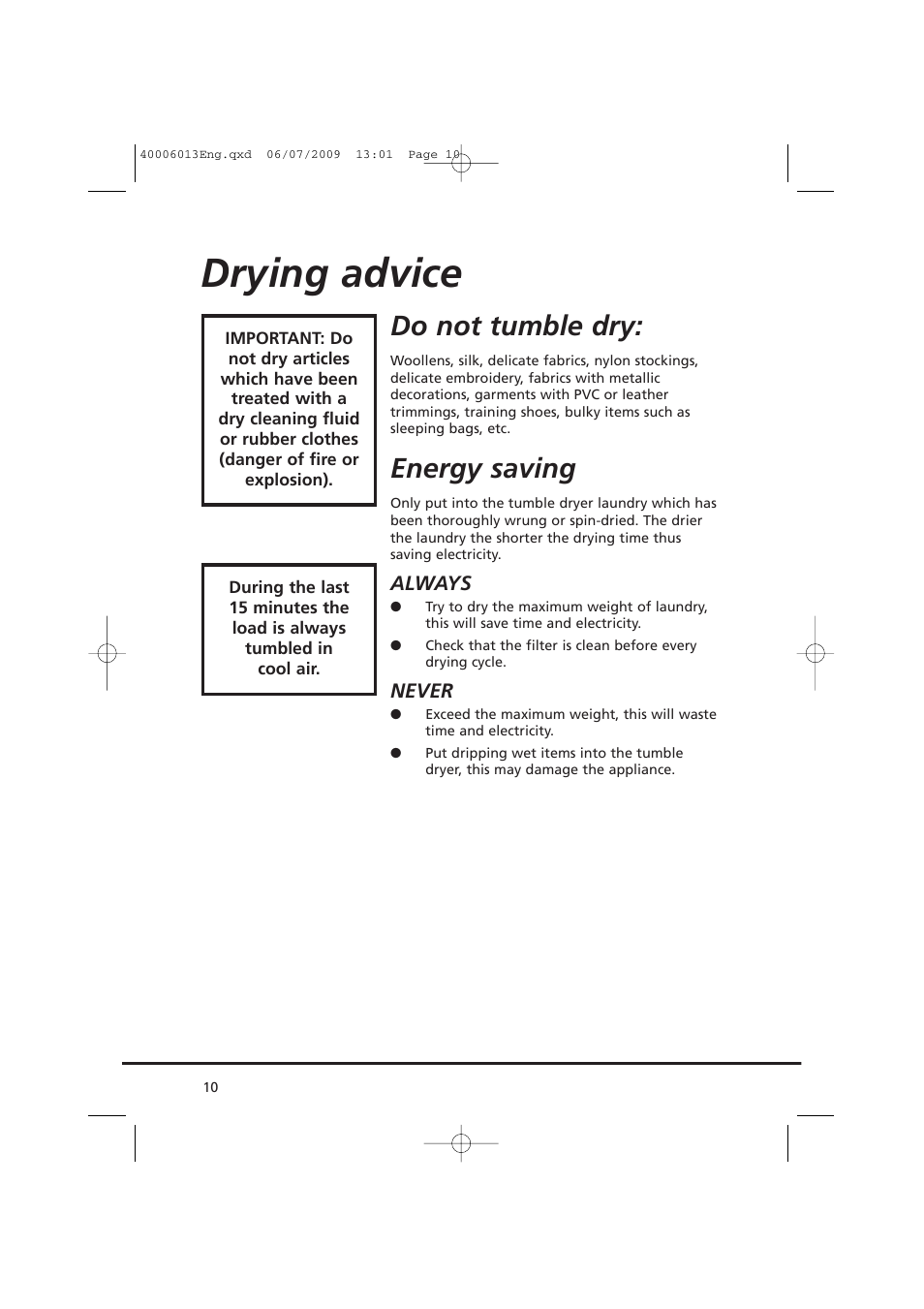 Drying advice, Do not tumble dry, Energy saving | Candy GO V58F User Manual | Page 10 / 24