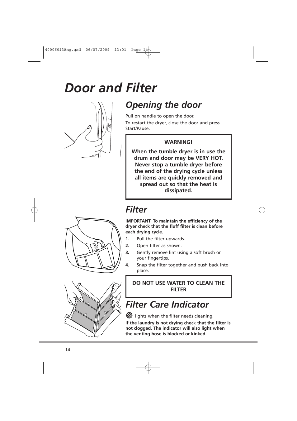 Door and filter, Opening the door, Filter | Filter care indicator | Candy GO V58F User Manual | Page 14 / 24