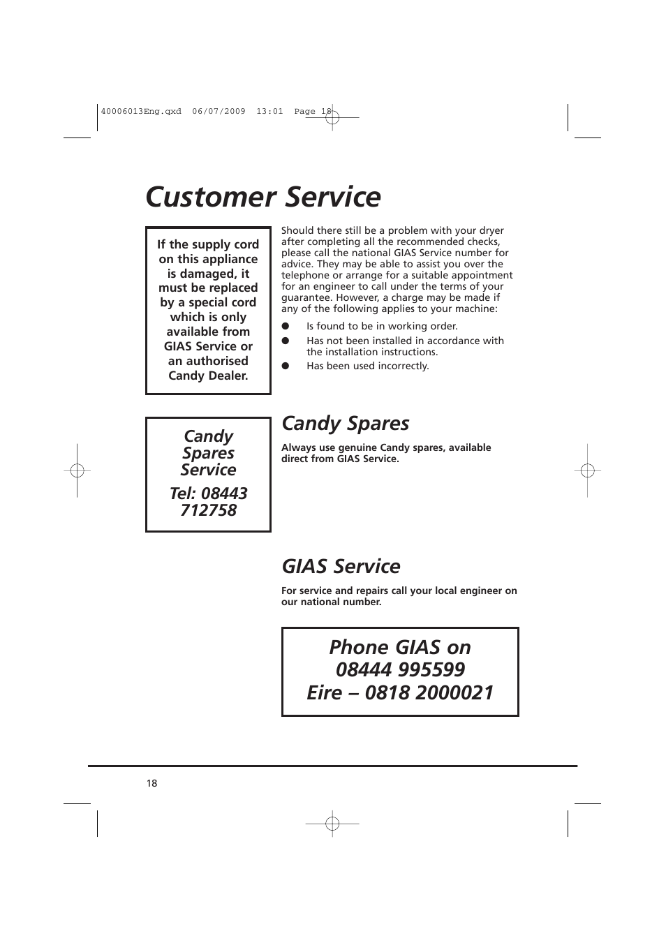 Customer service, Candy spares, Gias service | Candy GO V58F User Manual | Page 18 / 24