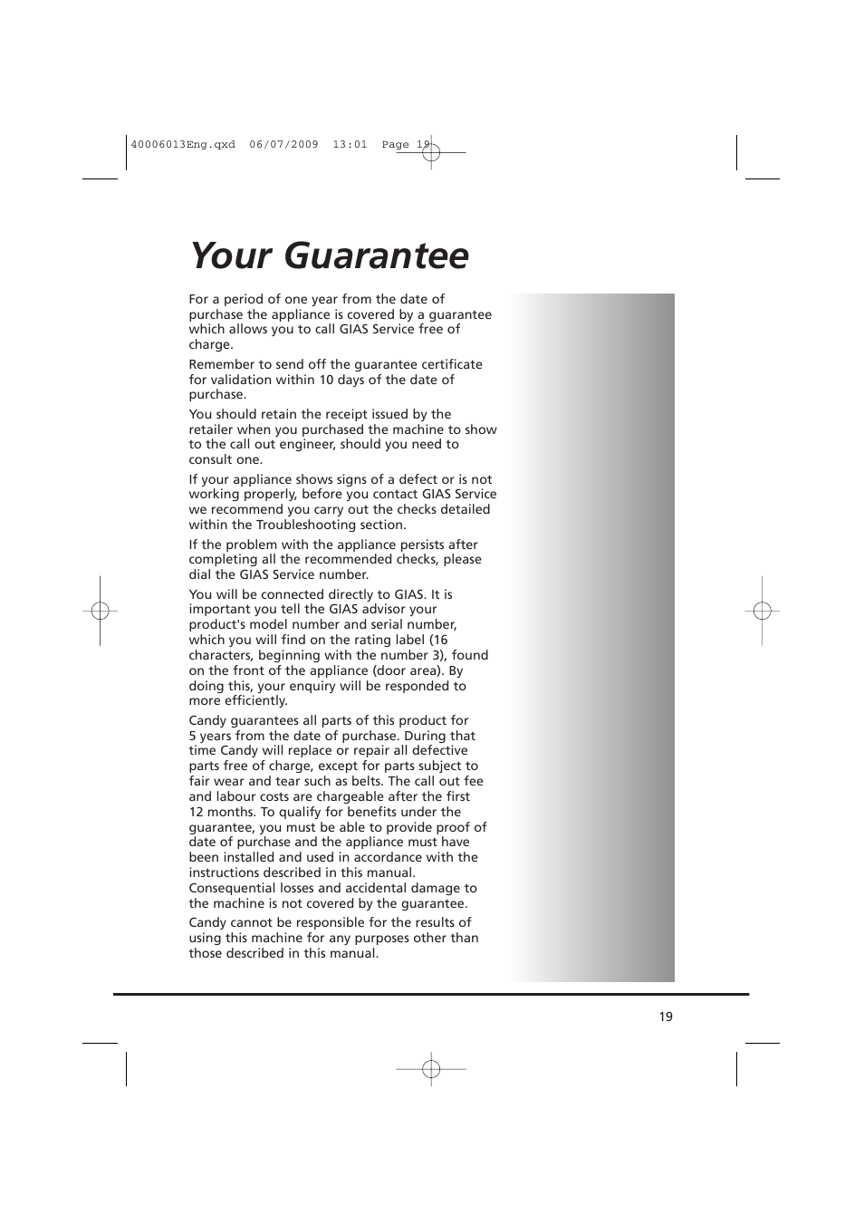 Your guarantee | Candy GO V58F User Manual | Page 19 / 24