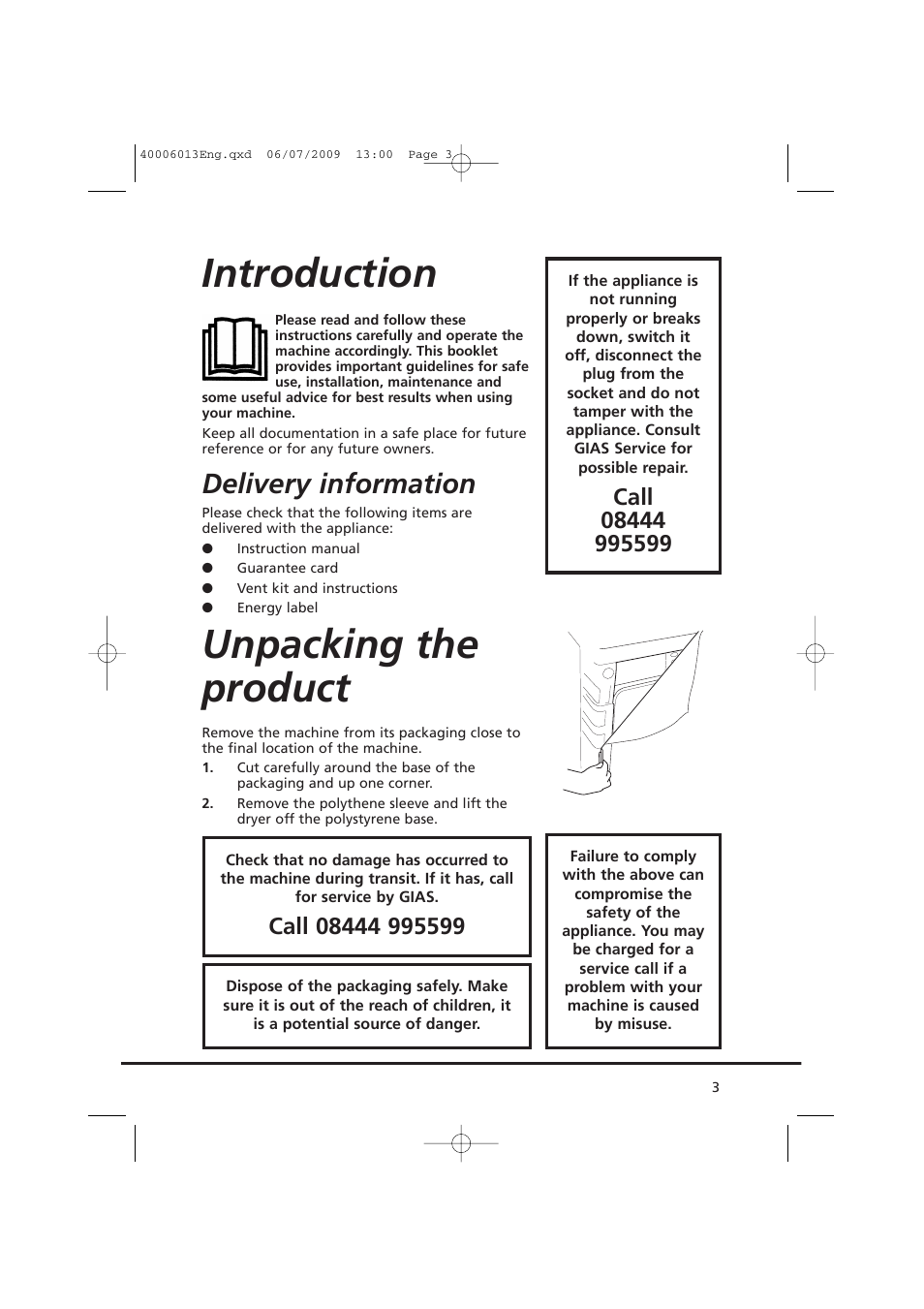 Introduction, Unpacking the product, Delivery information | Candy GO V58F User Manual | Page 3 / 24