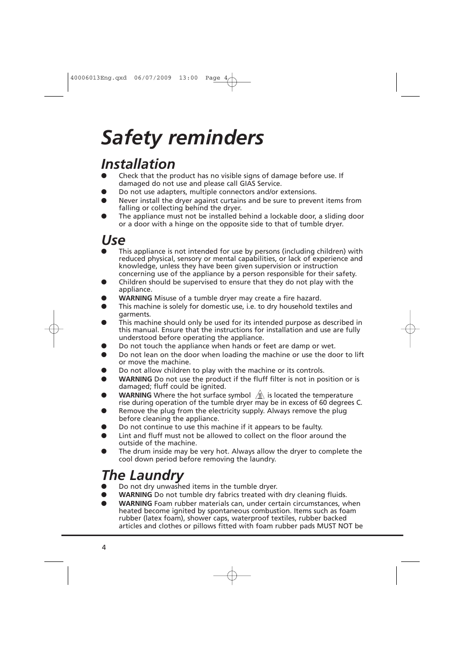 Safety reminders, Installation, The laundry | Candy GO V58F User Manual | Page 4 / 24