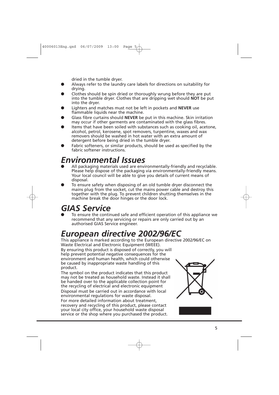 Environmental issues, Gias service | Candy GO V58F User Manual | Page 5 / 24