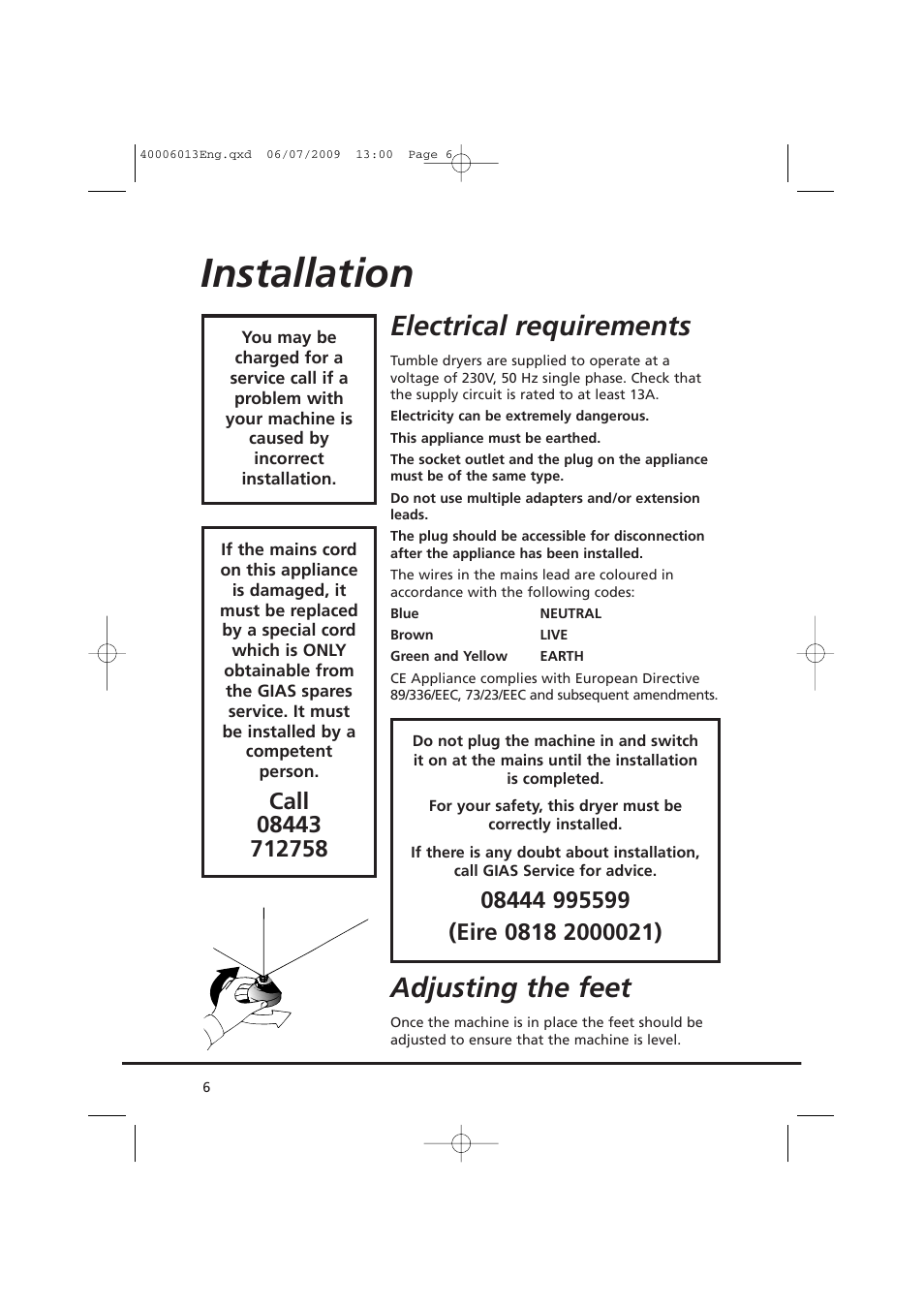 Installation, Electrical requirements, Adjusting the feet | Candy GO V58F User Manual | Page 6 / 24