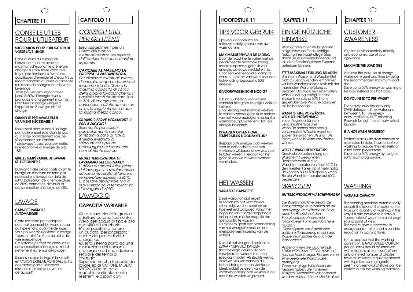 Conseils utiles pour l’utilisateur, Lavage, Tips voor gebruik | Het wassen, Einige nützliche hinweise, Waschen, Customer awareness, Washing, Consigli utili per gli utenti, Lavaggio | Candy CBE 1425 T SY User Manual | Page 24 / 33