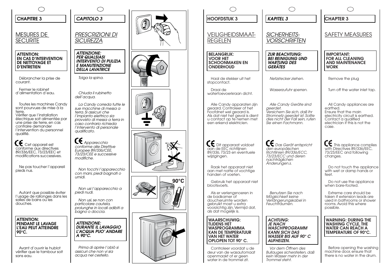 Mesures de securite, Sicherheits- vorschriften, Safety measures | Veiligheidsmaat- regelen, Prescrizioni di sicurezza | Candy CBE 1425 T SY User Manual | Page 6 / 33
